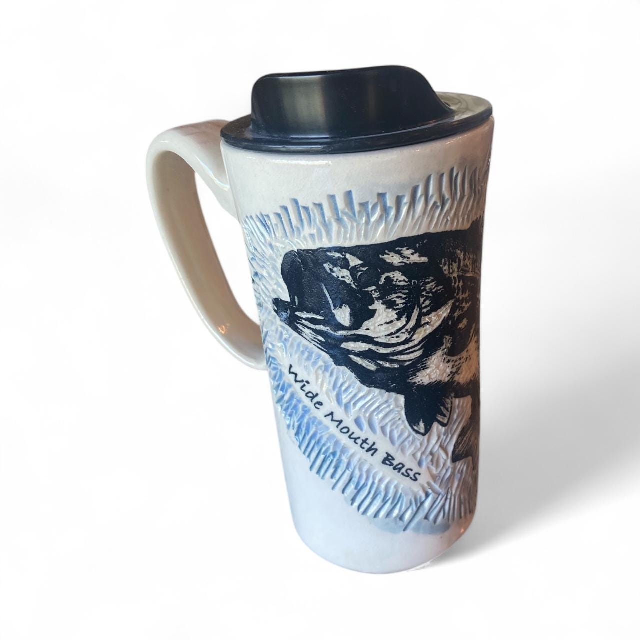 Handmade Sgraffito Bass Travel Mug: 16 oz Ceramic Coffee Cup with Lid