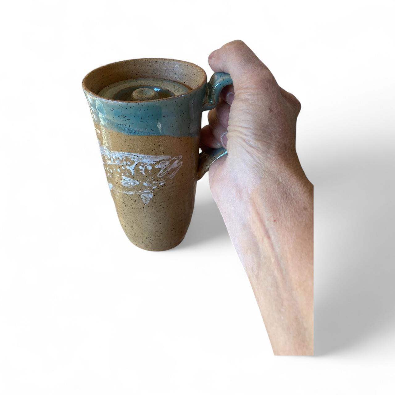 Handmade Trout Themed Ceramic Travel Mug – 16 oz Stoneware Tumbler with Locking Ceramic Lid