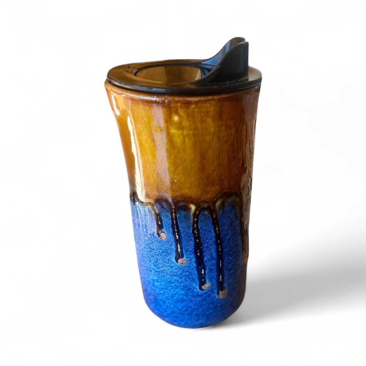 Handmade Caramel & Blue Porcelain Travel Mug: Locking Lid