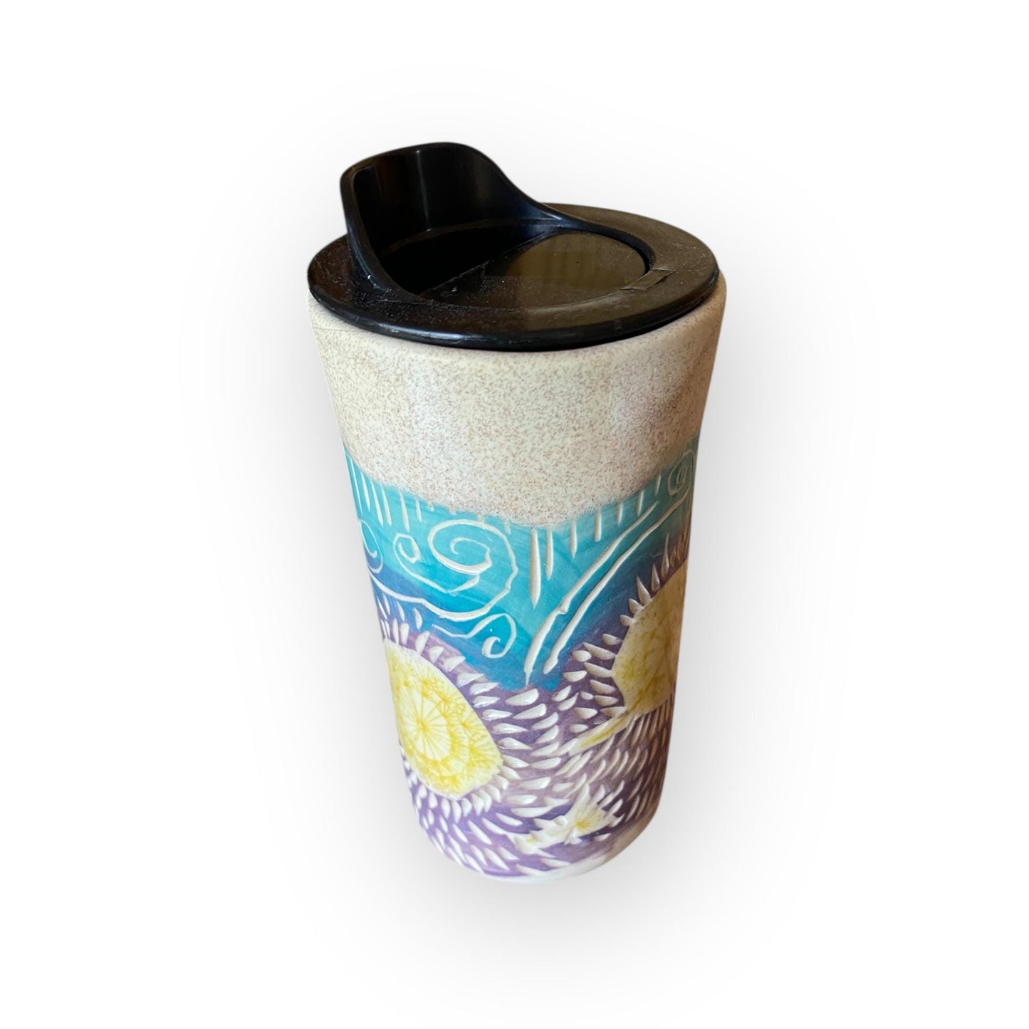 Handcrafted Porcelain Dandelion Travel Mug: Carved Stoneware Coffee Cup for Commuters