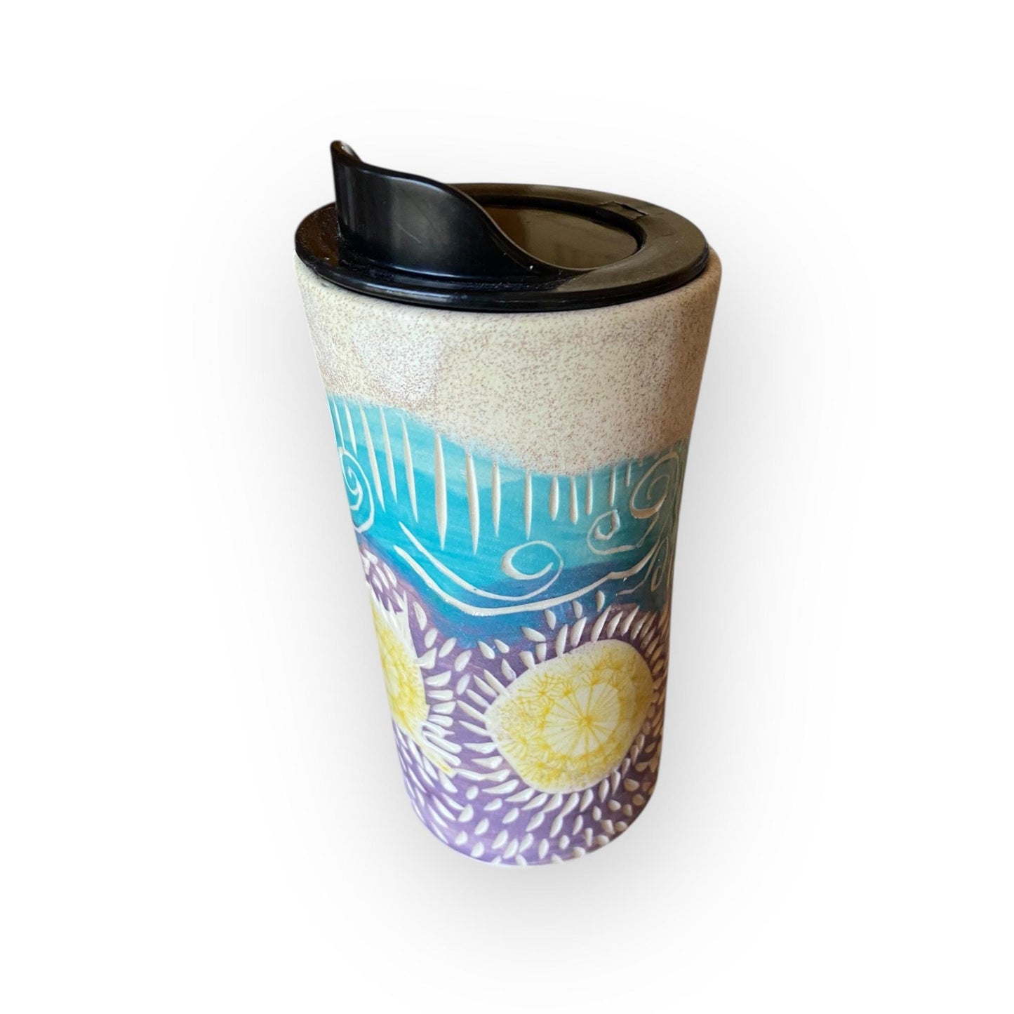 Handcrafted Porcelain Dandelion Travel Mug: Carved Stoneware Coffee Cup for Commuters