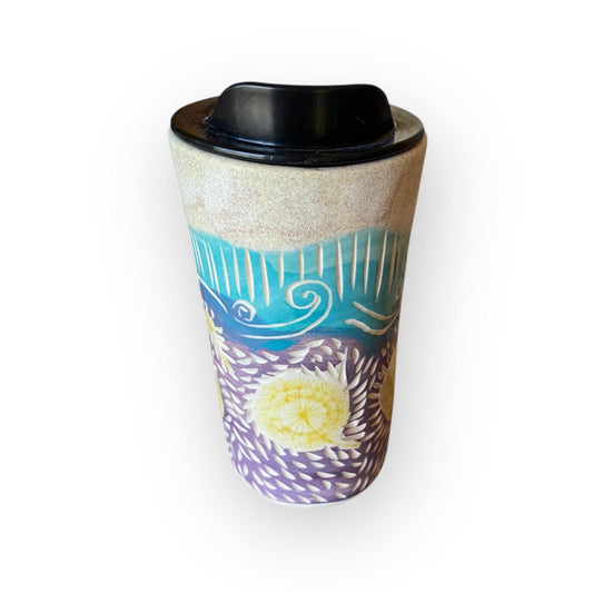Handcrafted Porcelain Dandelion Travel Mug: Carved Stoneware Coffee Cup for Commuters