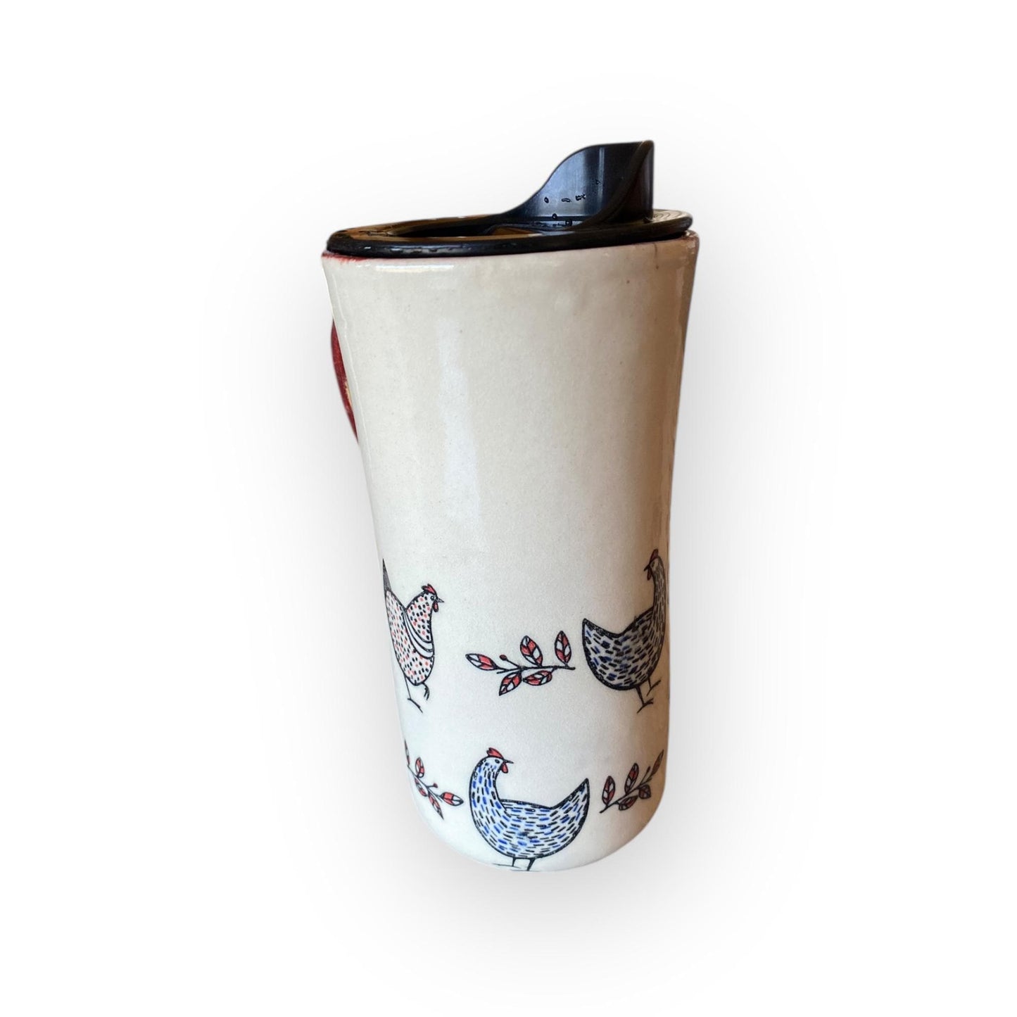 Chicken Travel Mug – 16 oz Handmade Ceramic To-Go Cup with Lid | USA Made Pottery Coffee Mug | Farmhouse Chicken Gift for Coffee Lovers