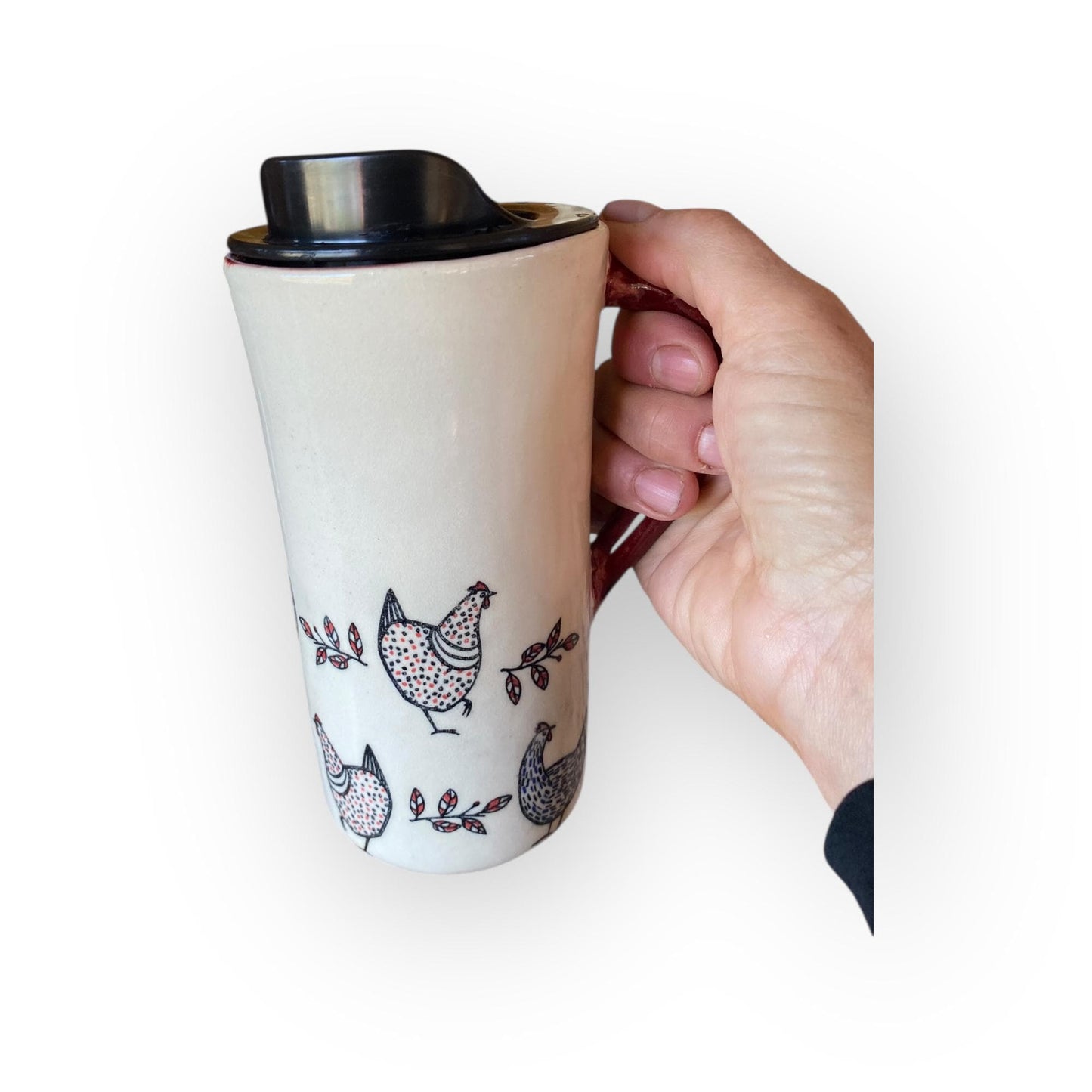 Chicken Travel Mug – 16 oz Handmade Ceramic To-Go Cup with Lid | USA Made Pottery Coffee Mug | Farmhouse Chicken Gift for Coffee Lovers