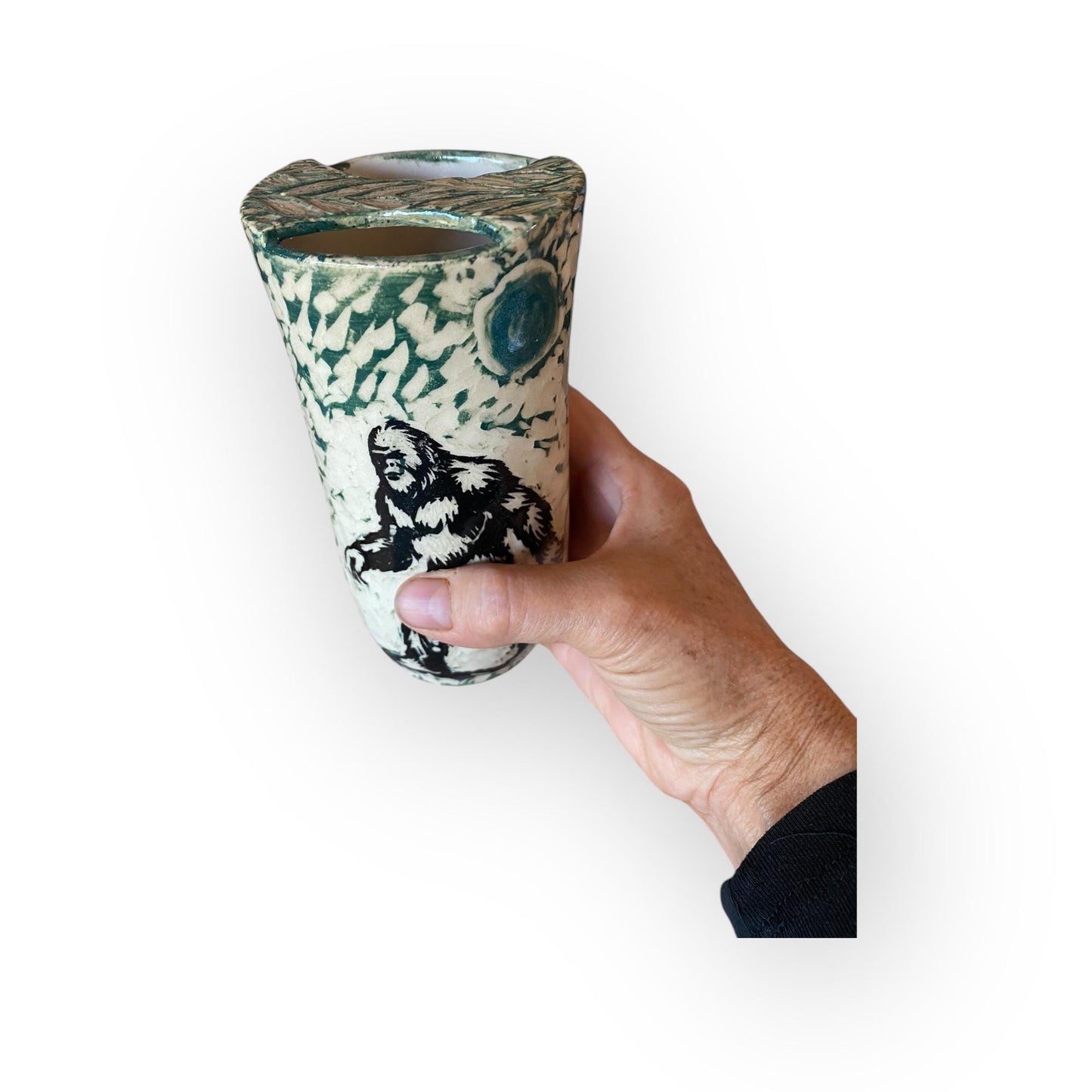 Plastic-Free Ceramic Travel Mug – 16 oz Handmade Stoneware Tumbler with Attached Lid | Sgraffito Bigfoot Design | Eco-Friendly Coffee Cup