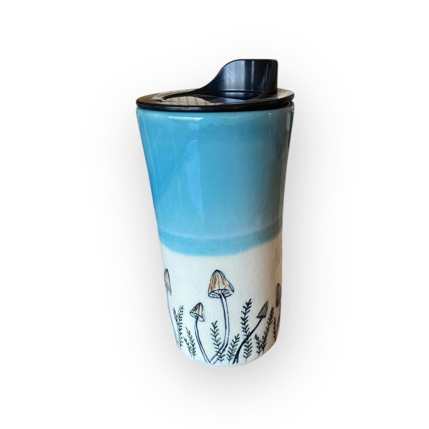 Handmade Green Travel Mug Embellished with Mushrooms -  Travel Coffee Cup - Porcelain Travel Mug - Pottery Mug -  Coffee Mug