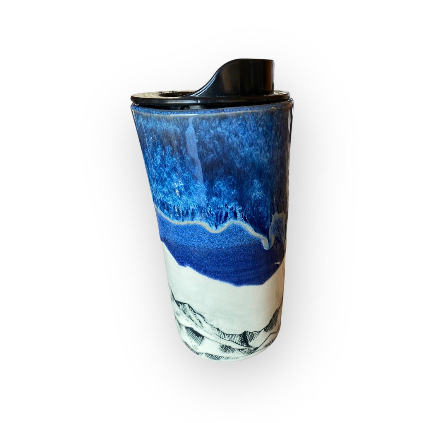 Handmade Stoneware with Locking Lid | Mountain Design Ceramic Coffee Cup | Pottery Mug for Nature Lovers & Outdoor Adventures