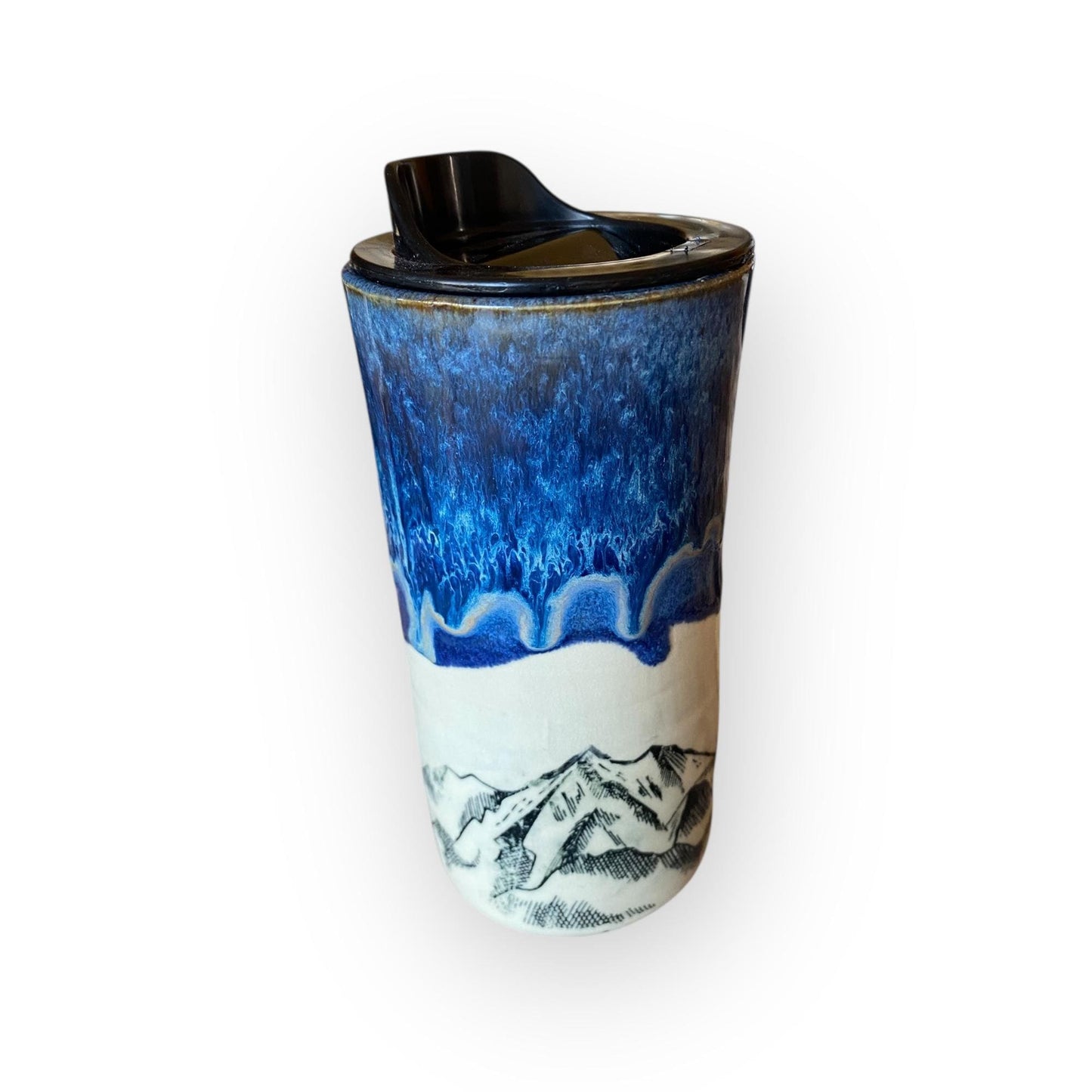 Handmade Stoneware with Locking Lid | Mountain Design Ceramic Coffee Cup | Pottery Mug for Nature Lovers & Outdoor Adventures