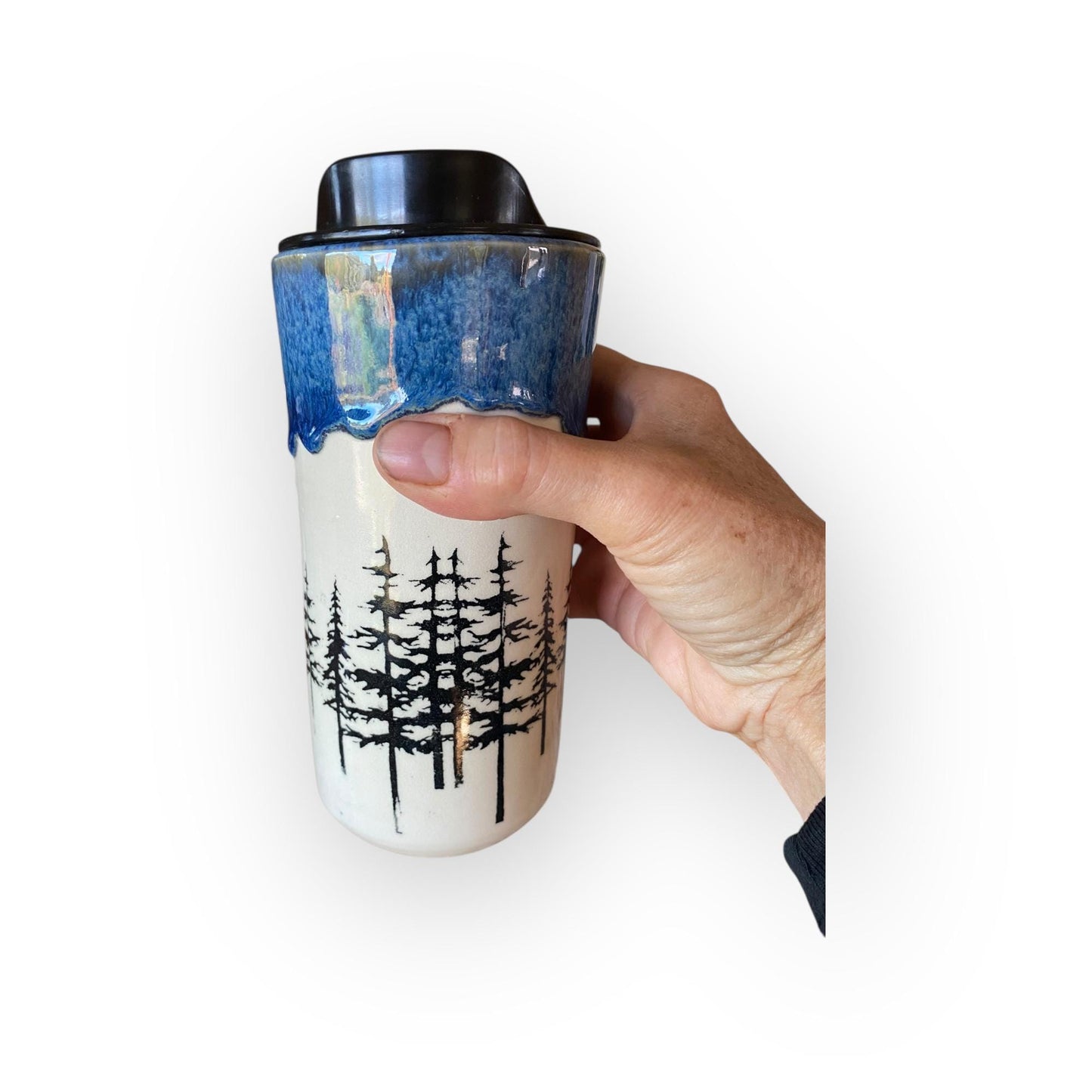 Handmade Stoneware with Locking Lid | Tree Design Ceramic Coffee Cup | Pottery Mug for Nature Lovers & Outdoor Adventures