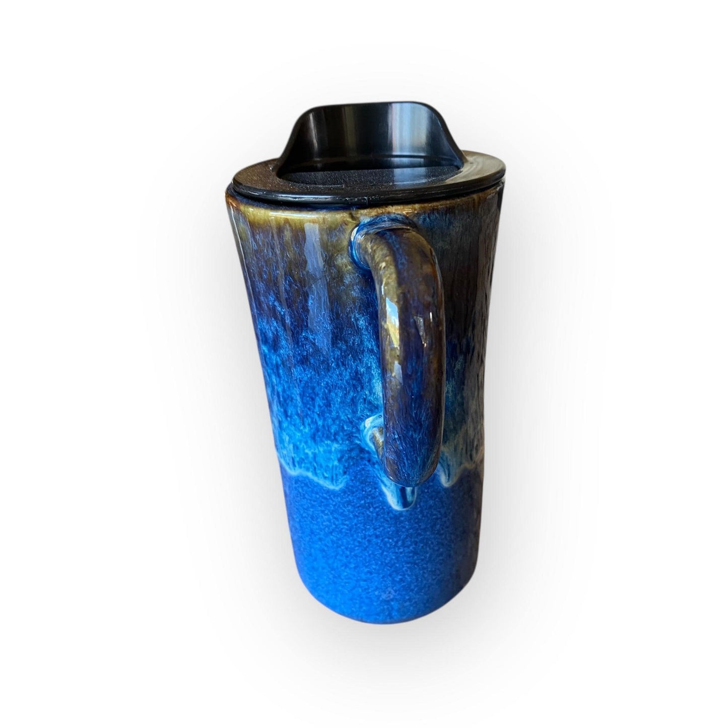 Reactive Blue Glaze Travel Mug – 16 oz Handmade Stoneware with Locking Lid | Unique Ceramic Coffee Cup | Artisan Pottery Mug