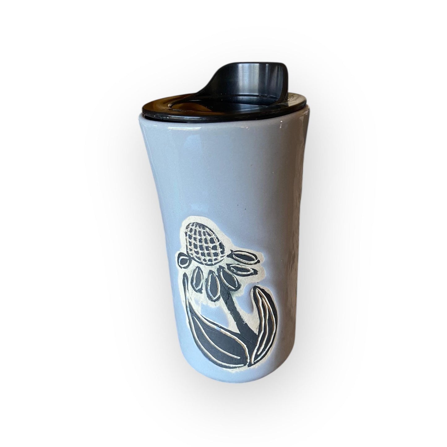 Handmade Travel Mug With Carved Cone Flower Design – 16 oz Stoneware Ceramic with BPA-Free Locking Lid | Artisan Coffee & Tea Cup