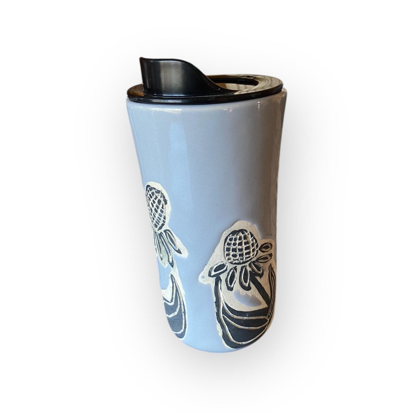 Handmade Travel Mug With Carved Cone Flower Design – 16 oz Stoneware Ceramic with BPA-Free Locking Lid | Artisan Coffee & Tea Cup