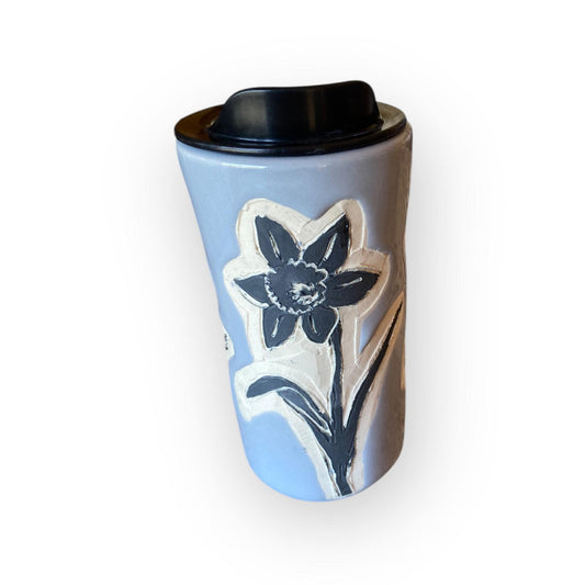 Handmade Travel Mug with Carved Daffodil Flower Design – 16 oz Stoneware Ceramic with BPA-Free Locking Lid | Artisan Coffee & Tea Cup