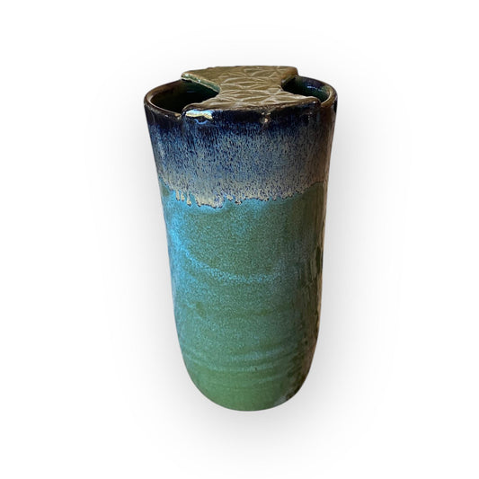 Plastic-Free Ceramic Travel Mug – 16 oz Handmade Stoneware Tumbler with Attached Lid in Reactive Purple Glaze | Eco-Friendly Pottery Cup