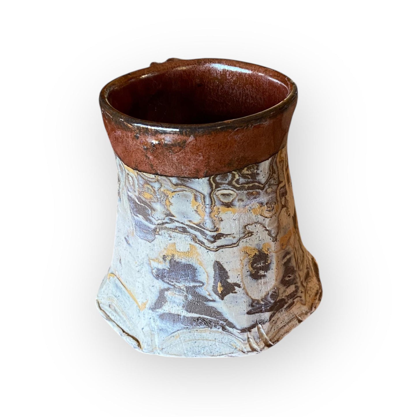 Handmade 12 oz Neriage Coffee Mug – Copper Satin Glaze Ceramic Tea Cup | Artisan Wheel-Thrown Stoneware Mug