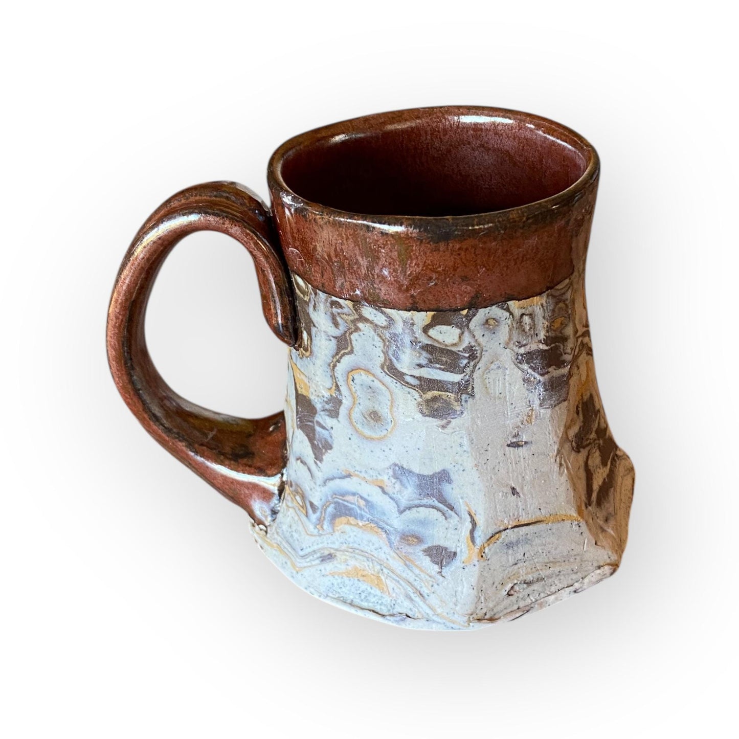 Handmade 12 oz Neriage Coffee Mug – Copper Satin Glaze Ceramic Tea Cup | Artisan Wheel-Thrown Stoneware Mug