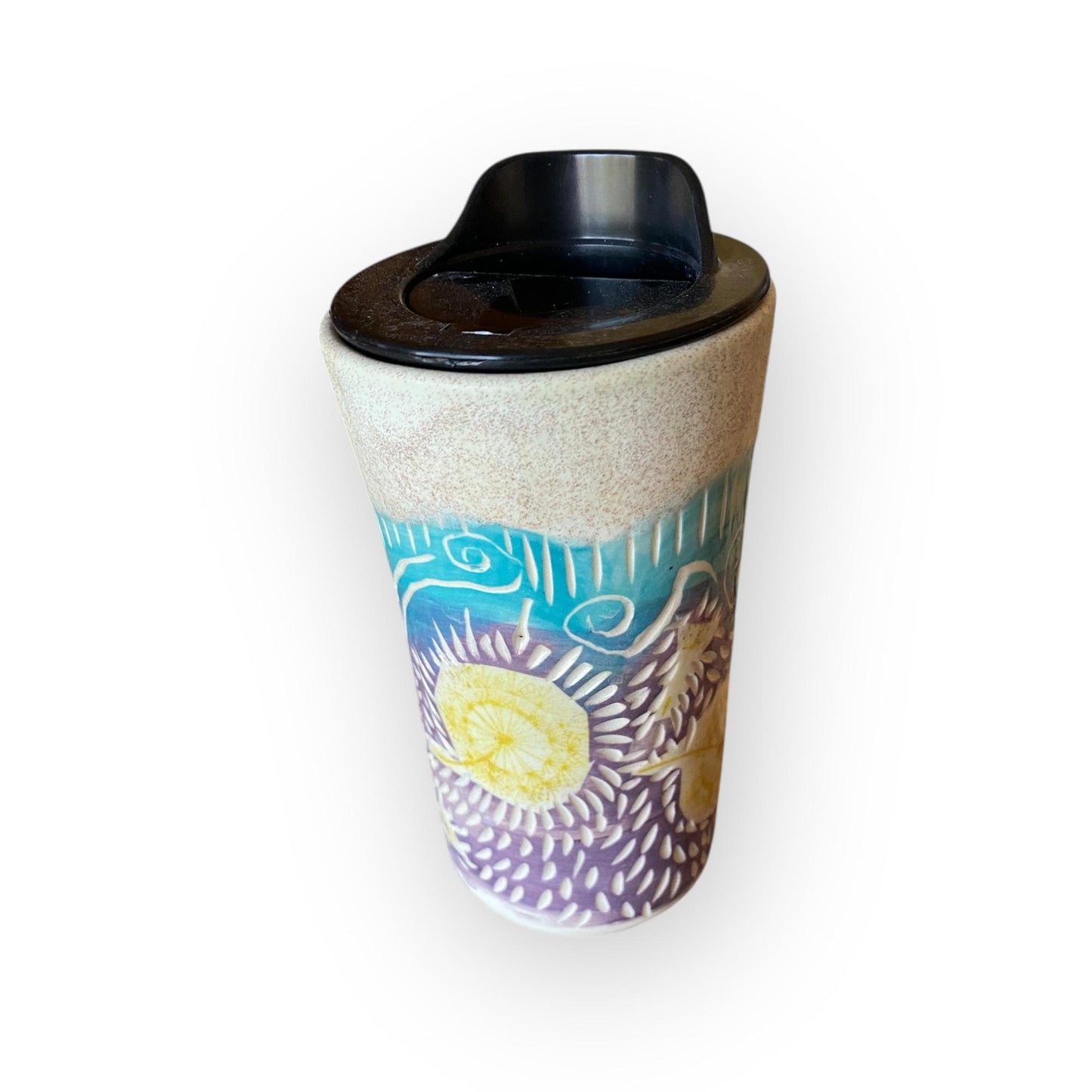 Handcrafted Porcelain Dandelion Travel Mug: Carved Stoneware Coffee Cup for Commuters