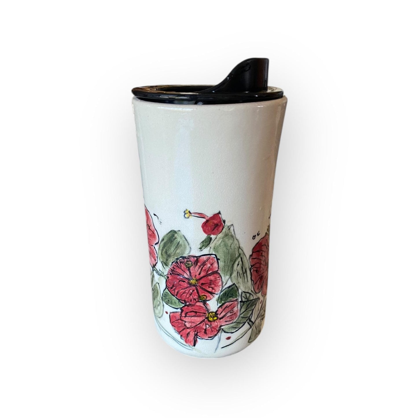 Hand-Painted Hibiscus Stoneware Travel Mug – 16 oz Ceramic Coffee Cup with Silkscreen Design | Handmade Pottery Mug for Nature Lovers