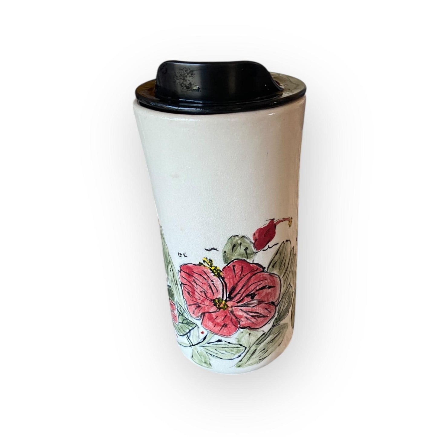 Hand-Painted Hibiscus Stoneware Travel Mug – 16 oz Ceramic Coffee Cup with Silkscreen Design | Handmade Pottery Mug for Nature Lovers