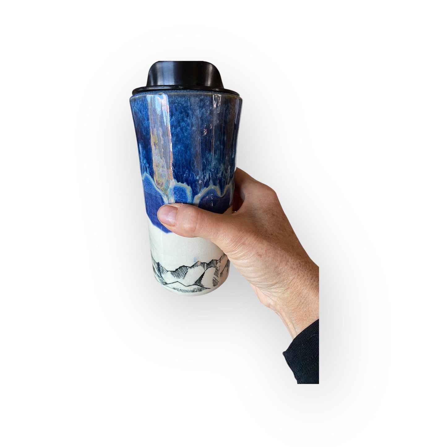 Handmade Stoneware with Locking Lid | Mountain Design Ceramic Coffee Cup | Pottery Mug for Nature Lovers & Outdoor Adventures