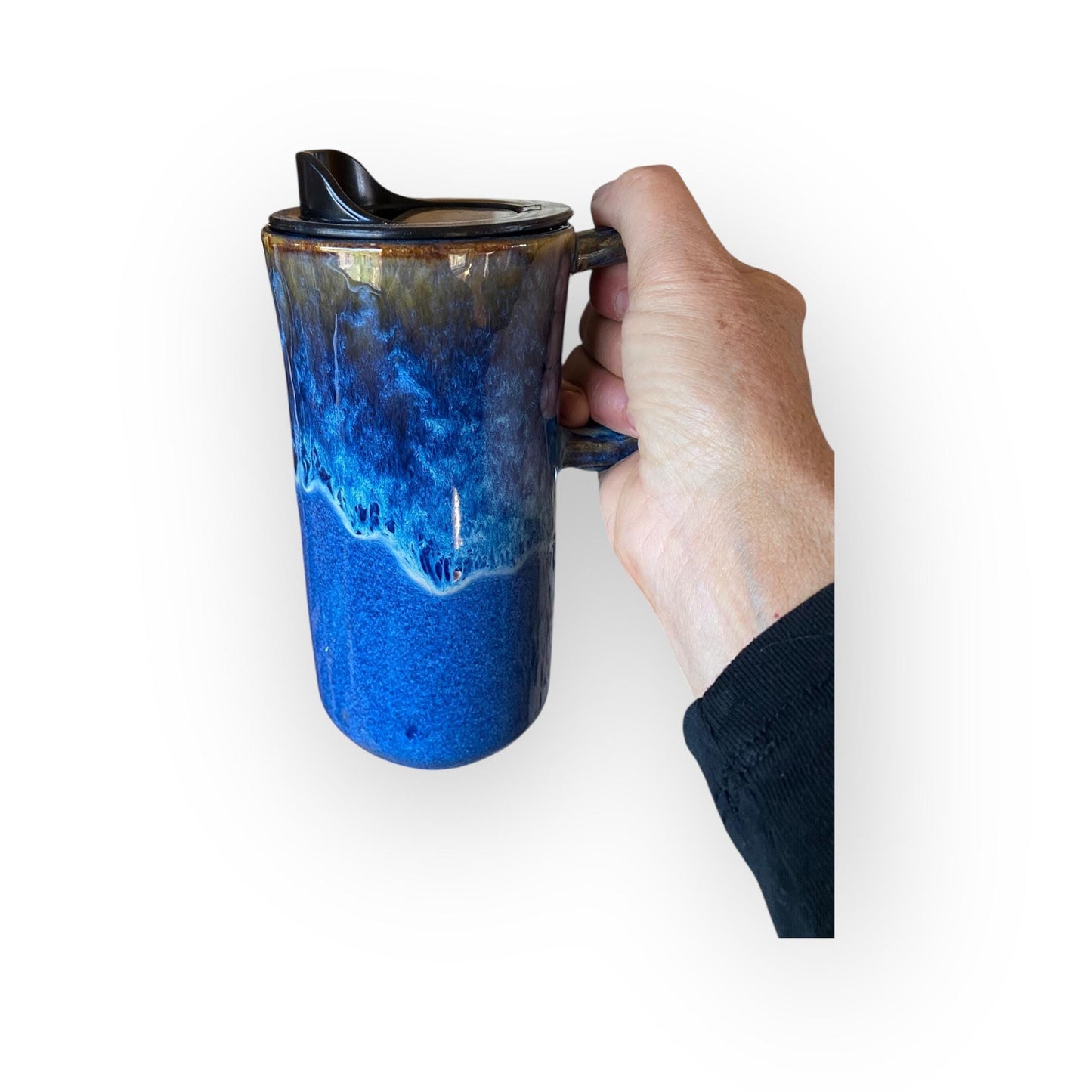 Reactive Blue Glaze Travel Mug – 16 oz Handmade Stoneware with Locking Lid | Unique Ceramic Coffee Cup | Artisan Pottery Mug