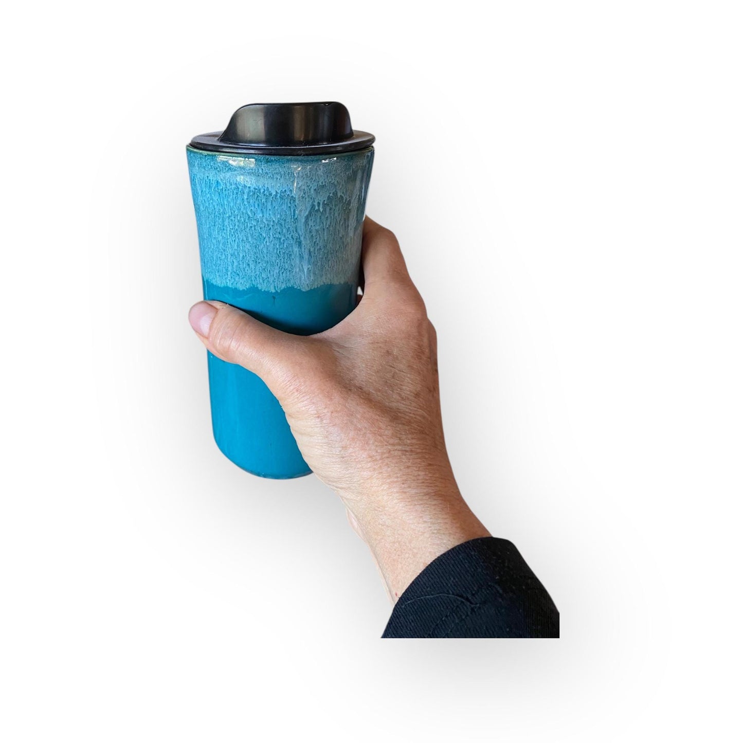 Handmade Turquoise Travel Mug – 16 oz Stoneware Ceramic with BPA-Free Locking Lid | Artisan Coffee & Tea Cup