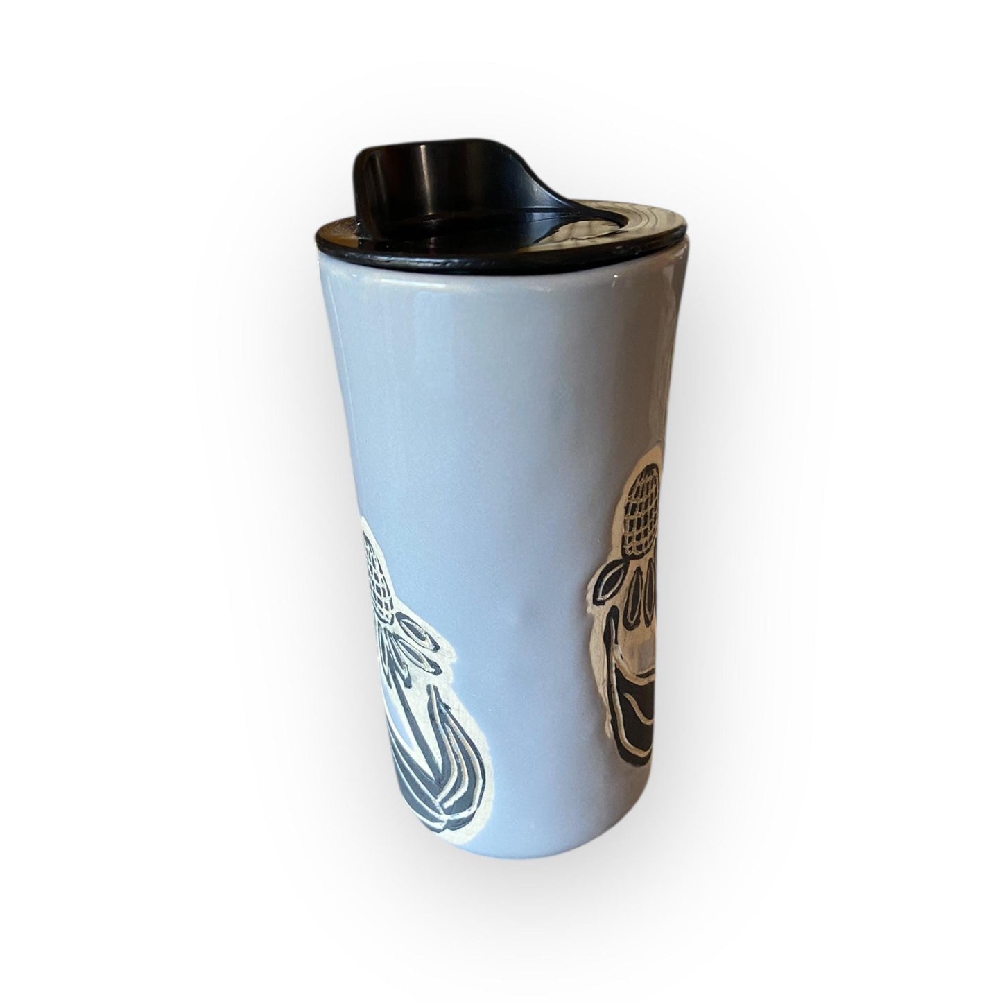 Handmade Travel Mug With Carved Cone Flower Design – 16 oz Stoneware Ceramic with BPA-Free Locking Lid | Artisan Coffee & Tea Cup