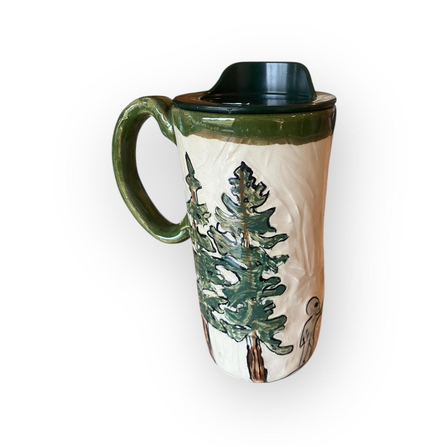 Hand-Painted Bigfoot and Alien Stoneware Travel Mug: Unique Ceramic Sasquatch Cup for Outdoor Enthusiasts