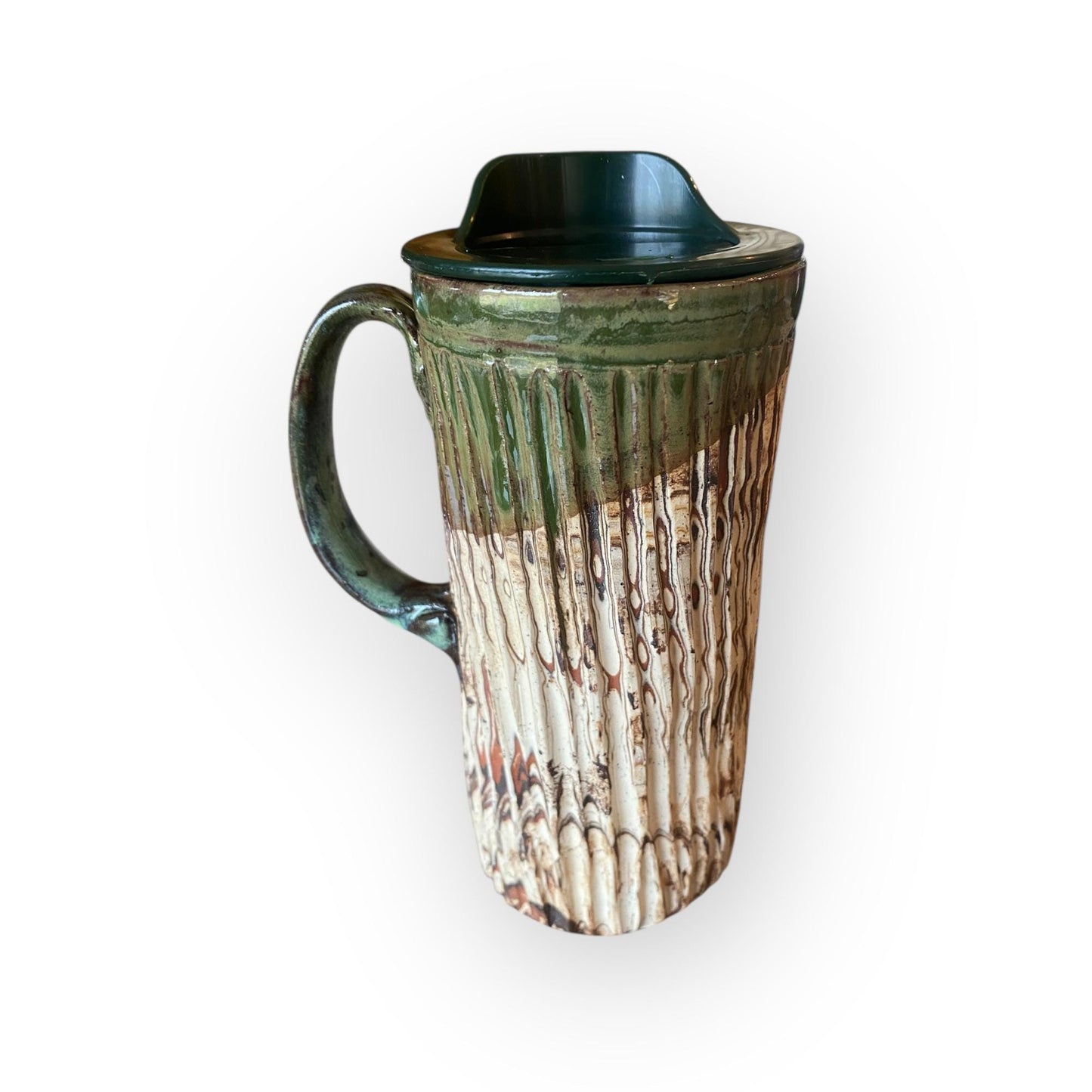 Handcrafted 16oz Agateware Stoneware Travel Mug: Chrome Glaze Pottery for Coffee & Tea Enthusiasts