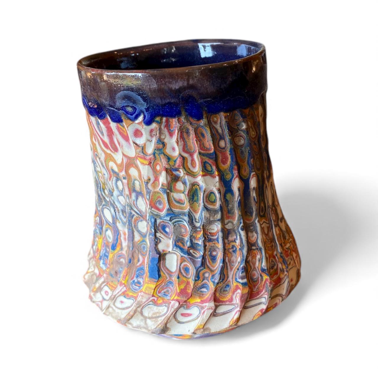 Handcrafted Agateware Stoneware Travel Mug: Fluted Pottery Coffee Cup with Blue Accents (C-9)