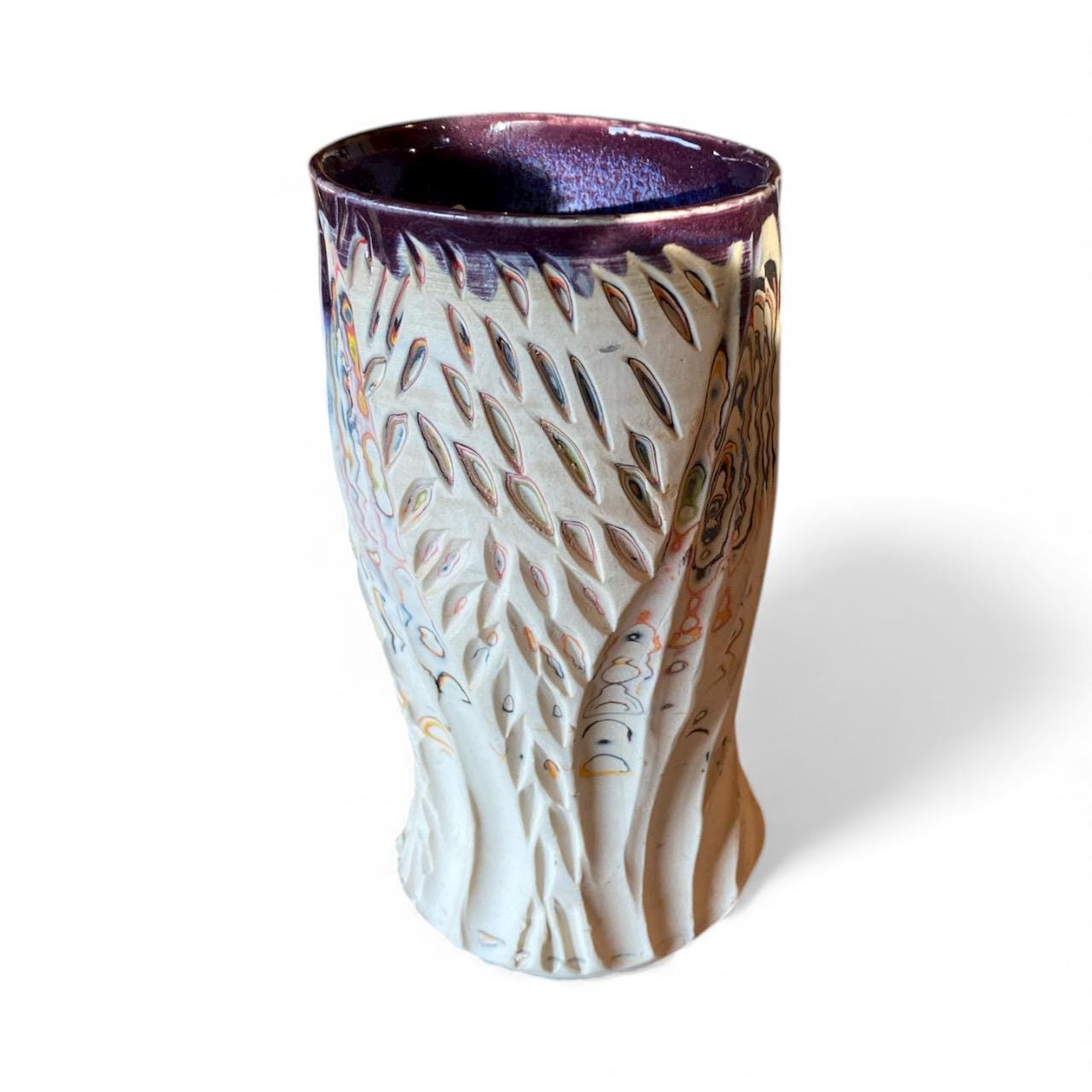 Handmade 16 Ounce Carved Nerikomi Coffee Mug With Rainbow Clay Colors