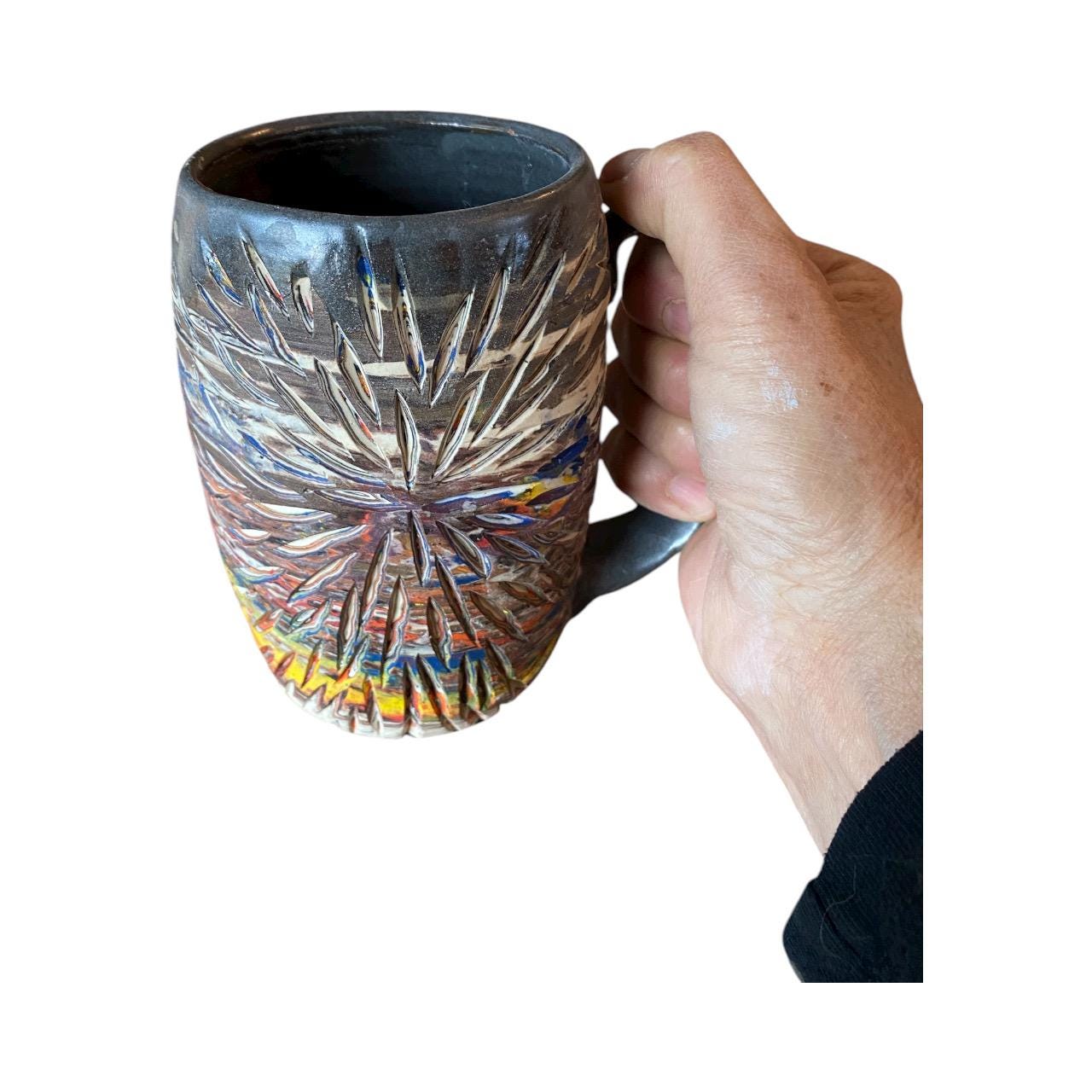 Handcrafted 16oz Turquoise Agateware Mug - Unique Carved Pottery for Coffee & Tea Lovers (C-12)