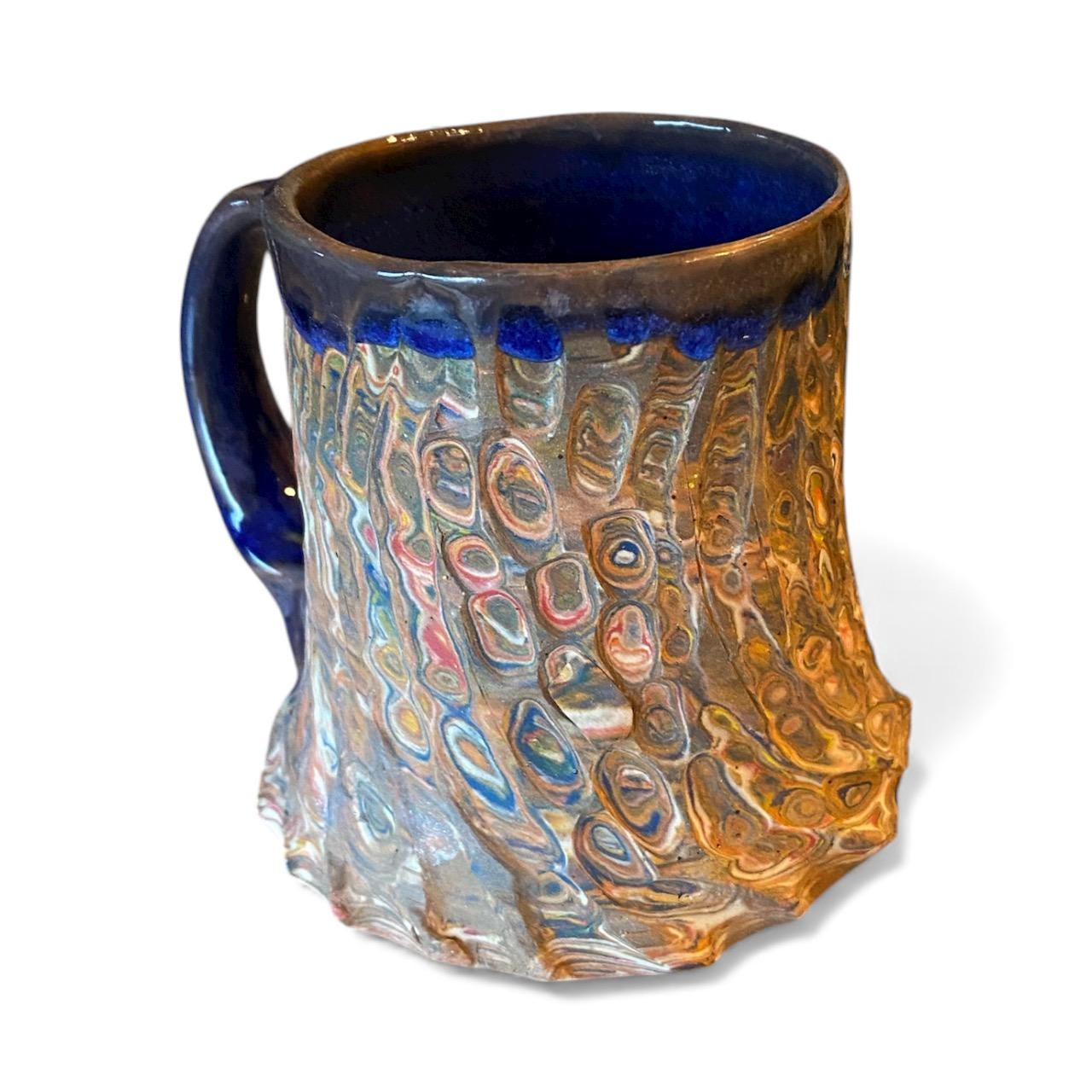 Handcrafted Agateware Stoneware Travel Mug: Fluted Pottery Coffee Cup with Blue Accents (C-19)