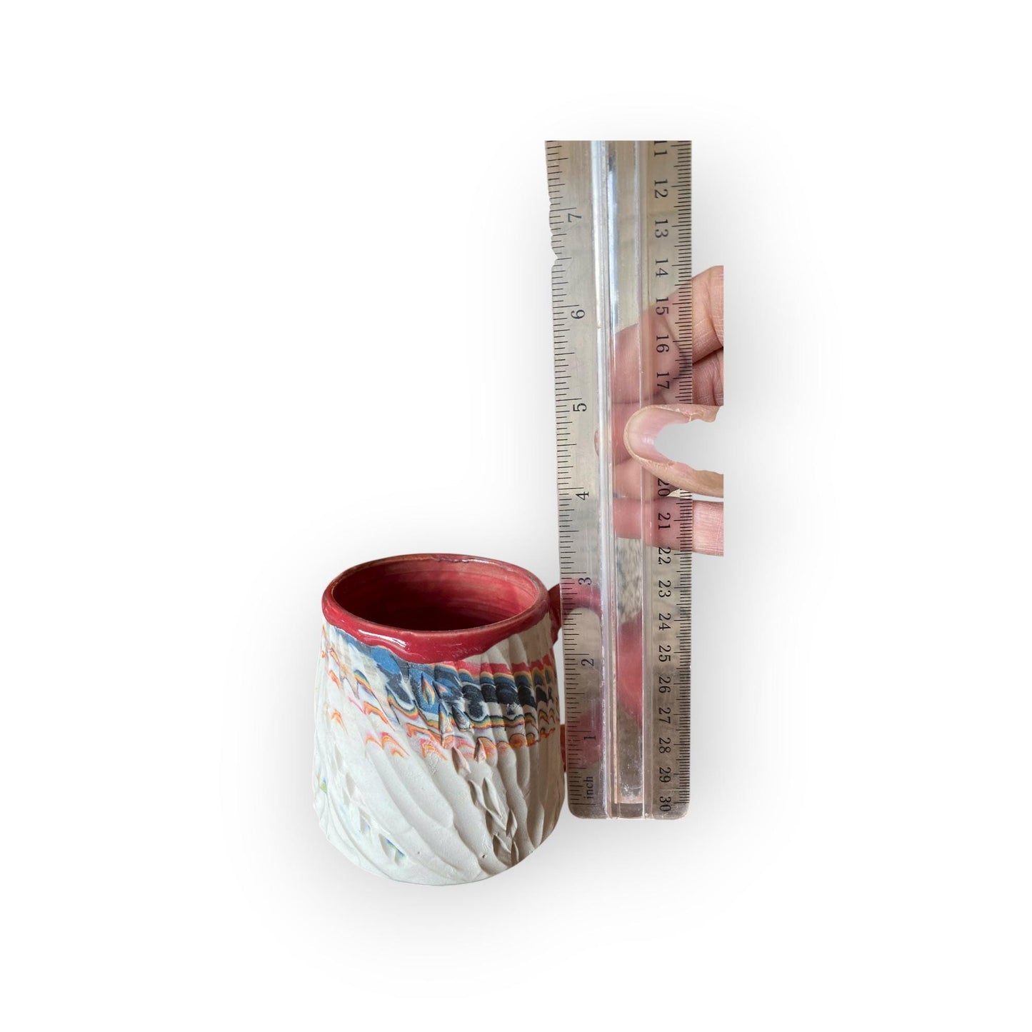 Handcrafted Agateware 8-Ounce Porcelain Mug: Fluted Pottery Coffee Cup with Red Accents (C-28)