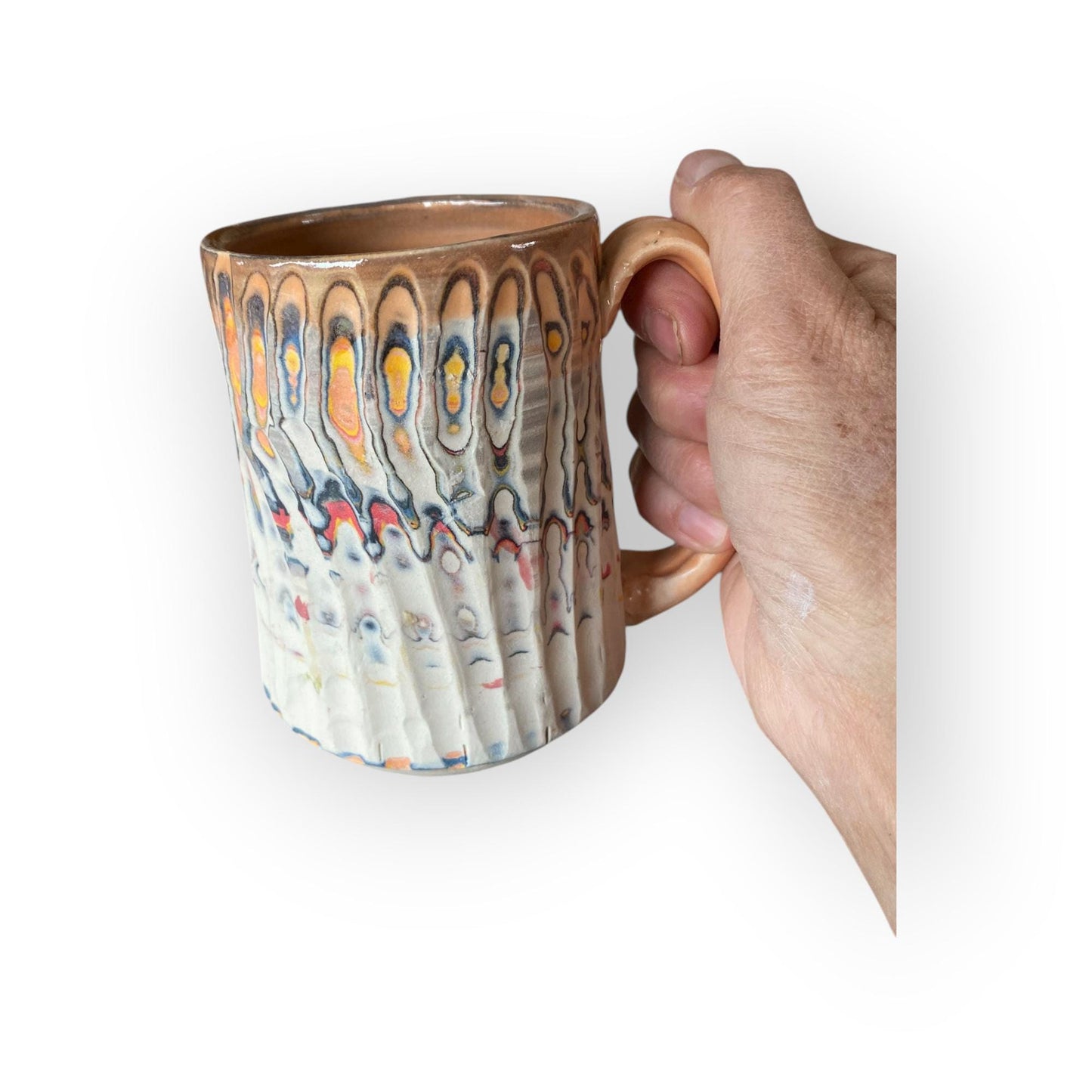 Handcrafted Agateware Stoneware Travel Mug: Fluted Pottery Coffee Cup with Peach Accents (C-29)