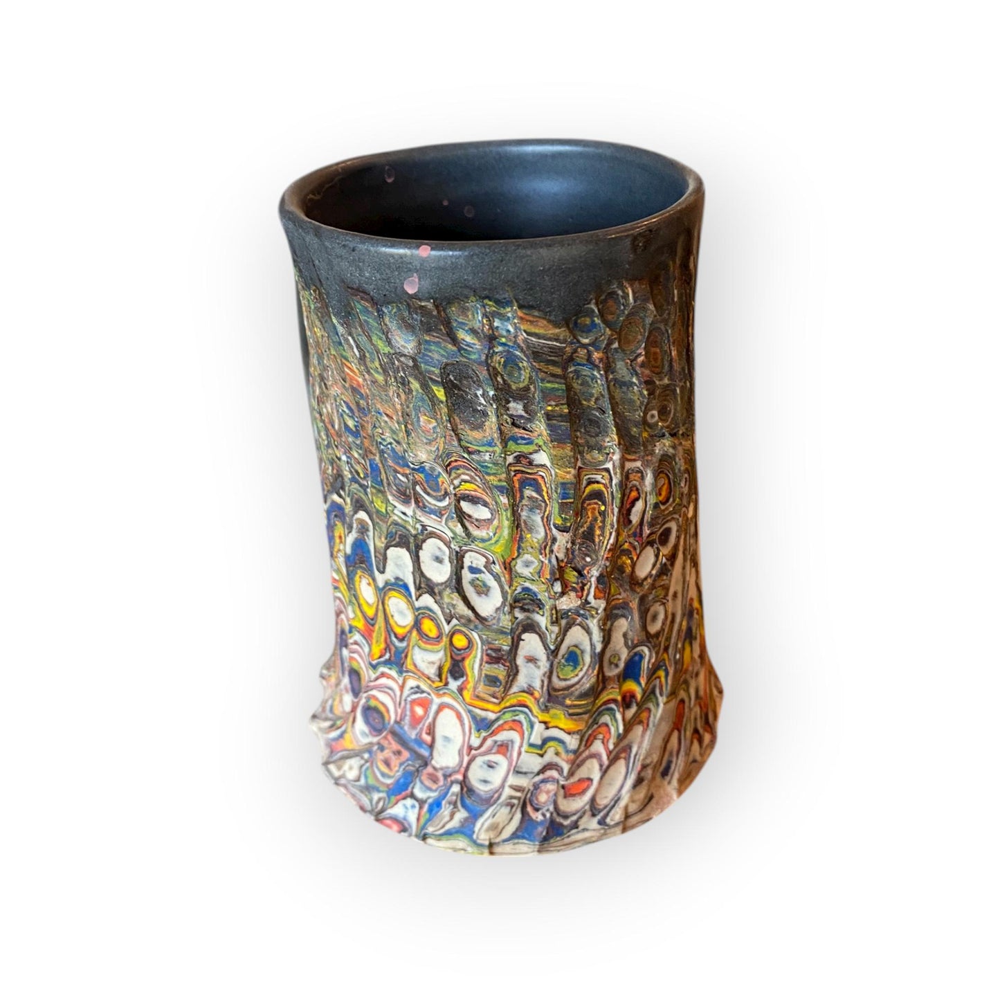 Handcrafted Handcarved Porcelain Travel Mug: Fluted Pottery Coffee Cup with Gray Accents (C53)