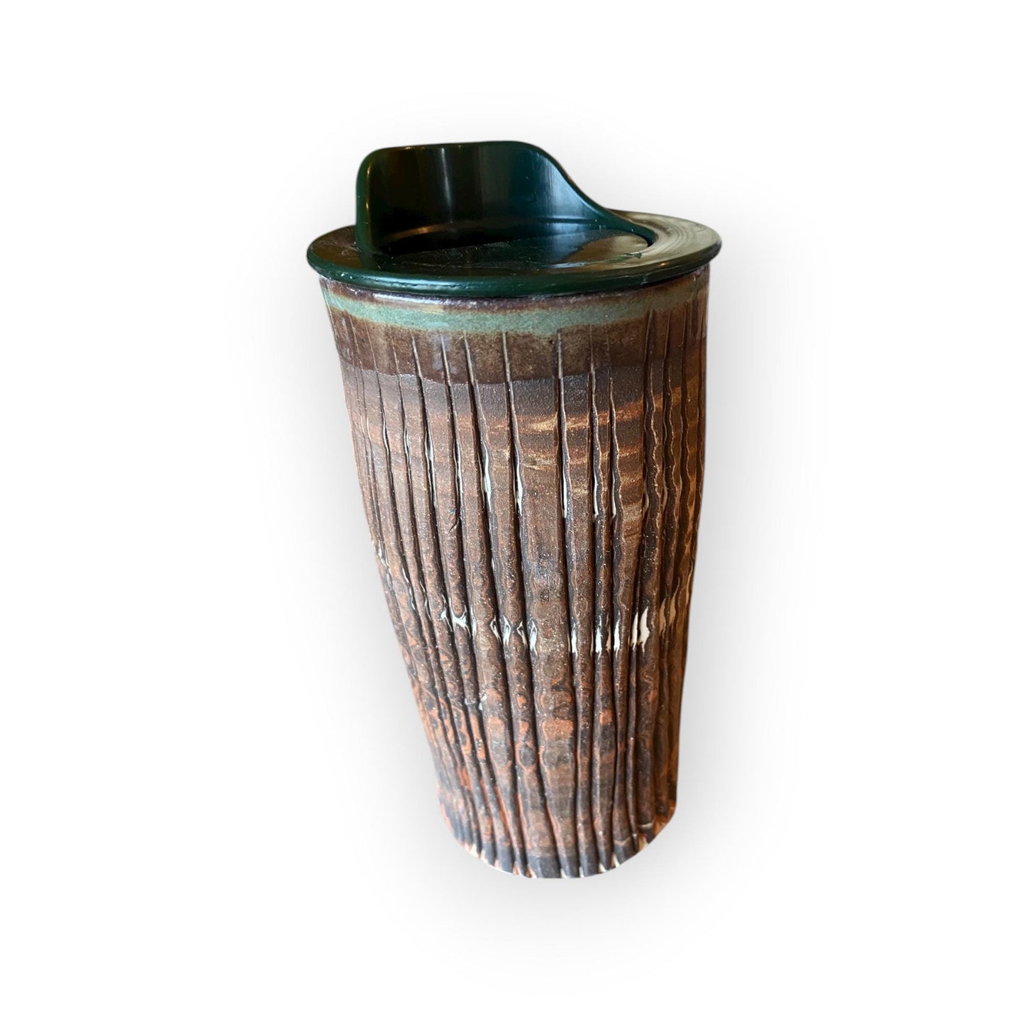 Handmade Agateware Stoneware Travel Mug 16 Ounce Fluted Pottery Coffee Cup Turquoise Custom (B-8)