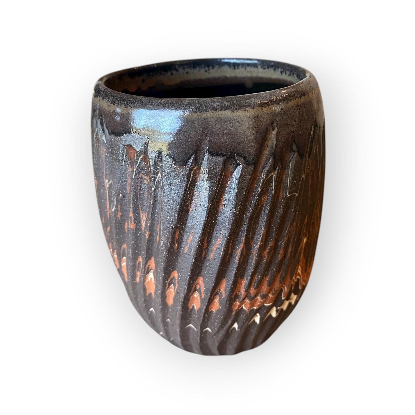 Handcrafted Stemless Agateware Cup - 12oz Carved Ceramic Marbled Nerikomi Pottery Barware (B-35)