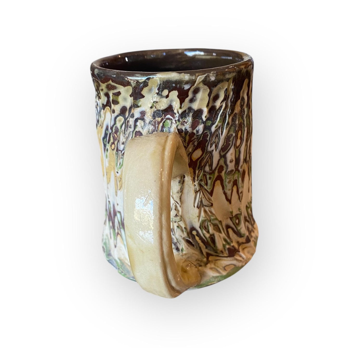 White, Brown, and Green Carved Agateware 14-Ounce Mug (B-48)