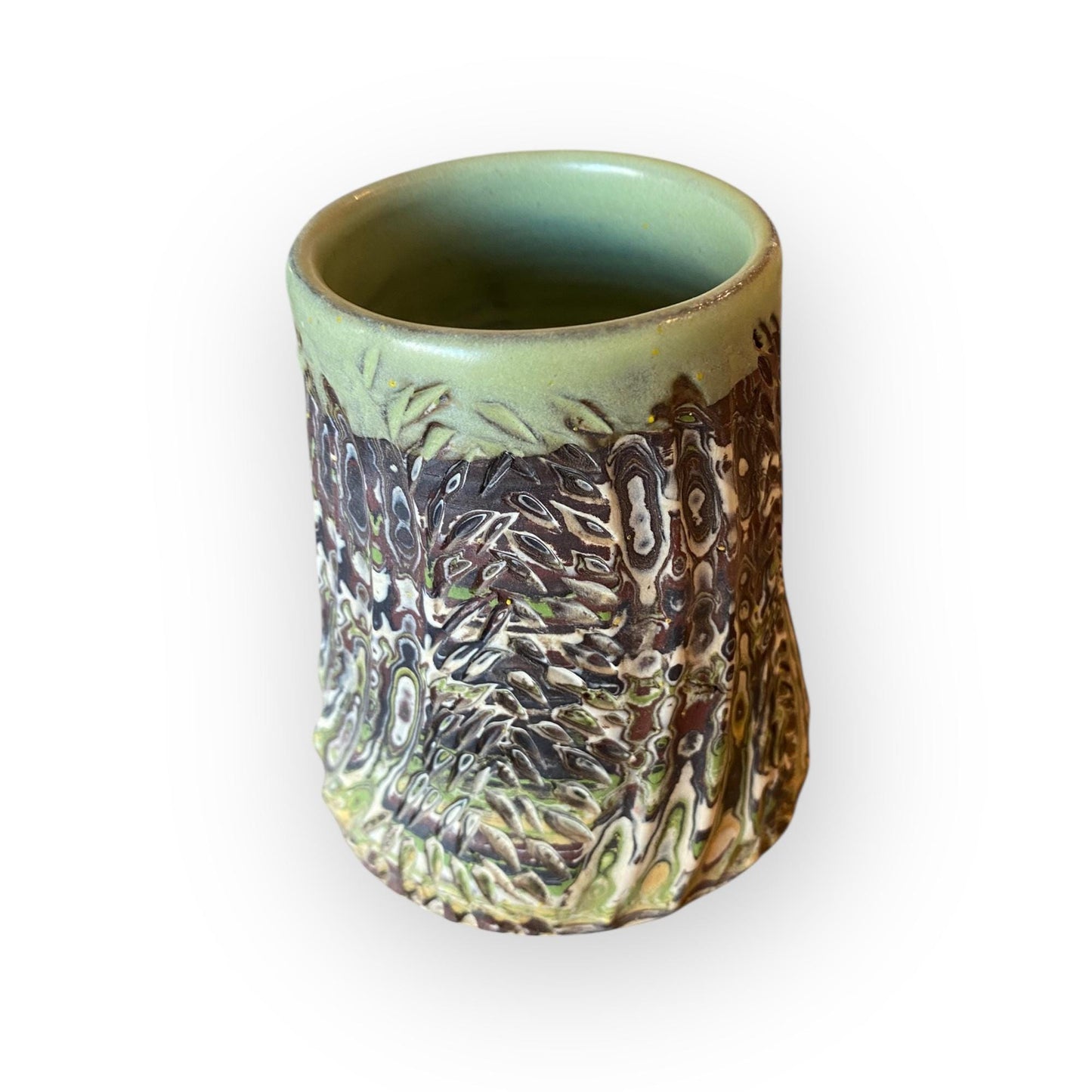 White, Brown, and Green Carved Agateware 14-Ounce Mug (B-49)
