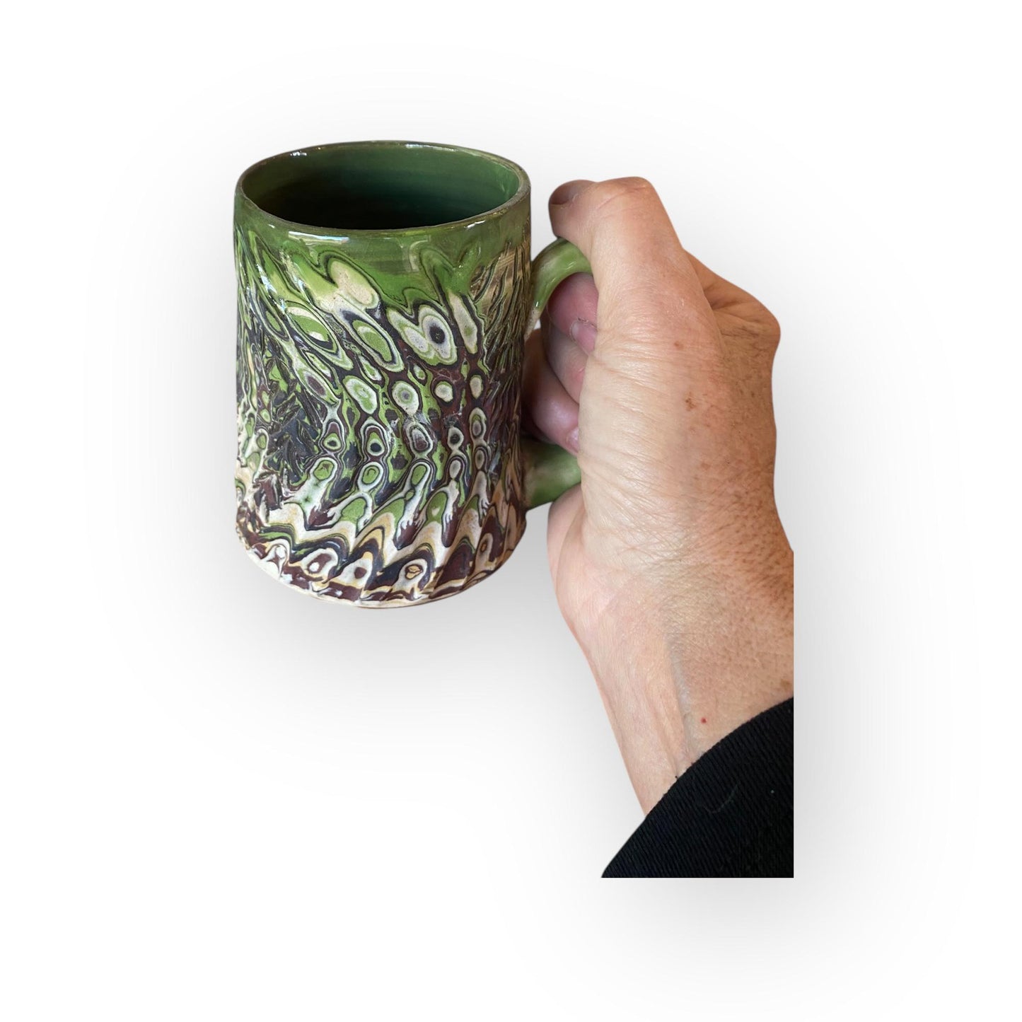 Carved Agateware Mug 14oz White Brown Green Pottery Handmade Stoneware Coffee Tea Cup (B-50)