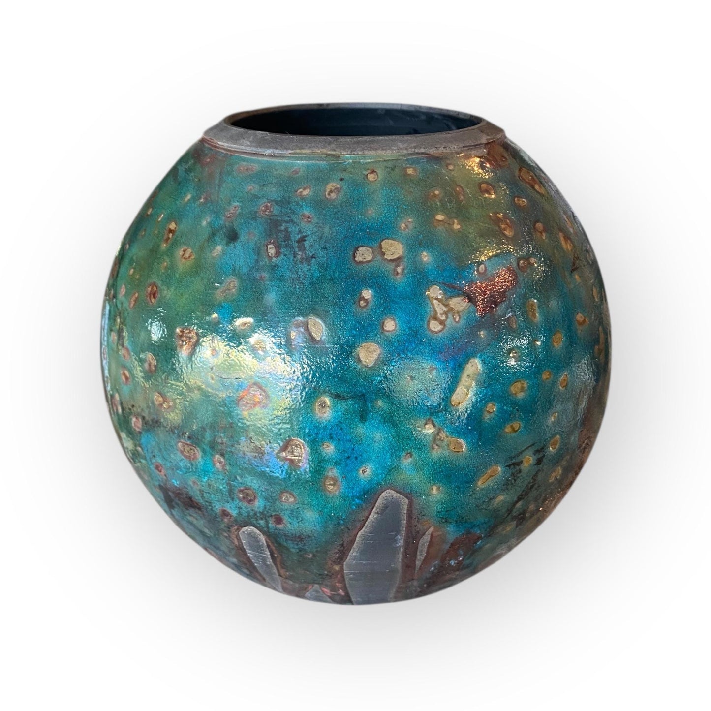 Hand Thrown Moon Jar Raku Fired Ceramic Art Vase - Pottery with Teal Bronze Glaze