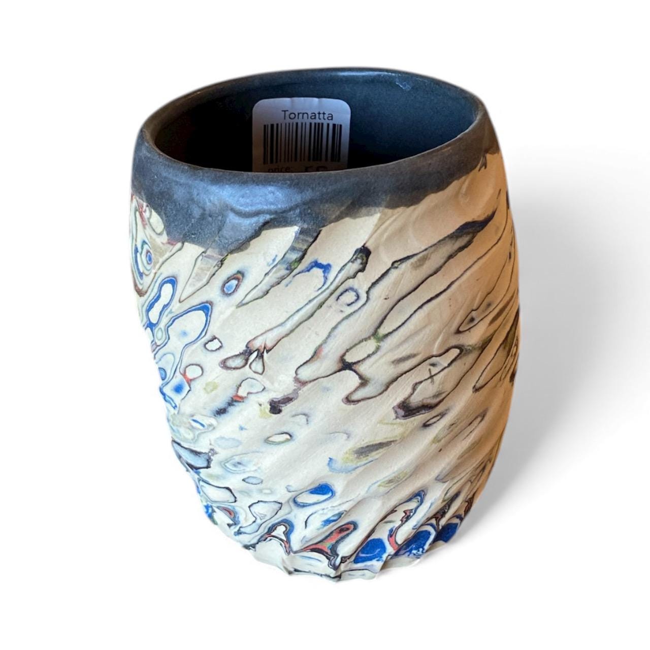 Handcrafted Stemless Agateware Wine Glass - 12oz Carved Ceramic Marbled Nerikomi Pottery Barware - (C2)