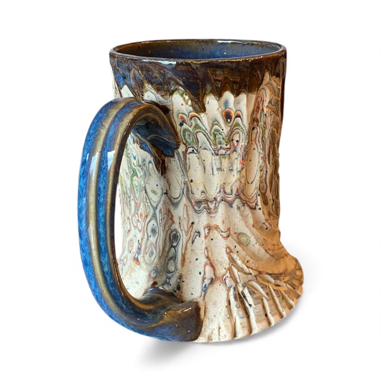 Handcrafted Handcarved Porcelain Travel Mug: Fluted Pottery Coffee Cup with Blue Accents (C14)