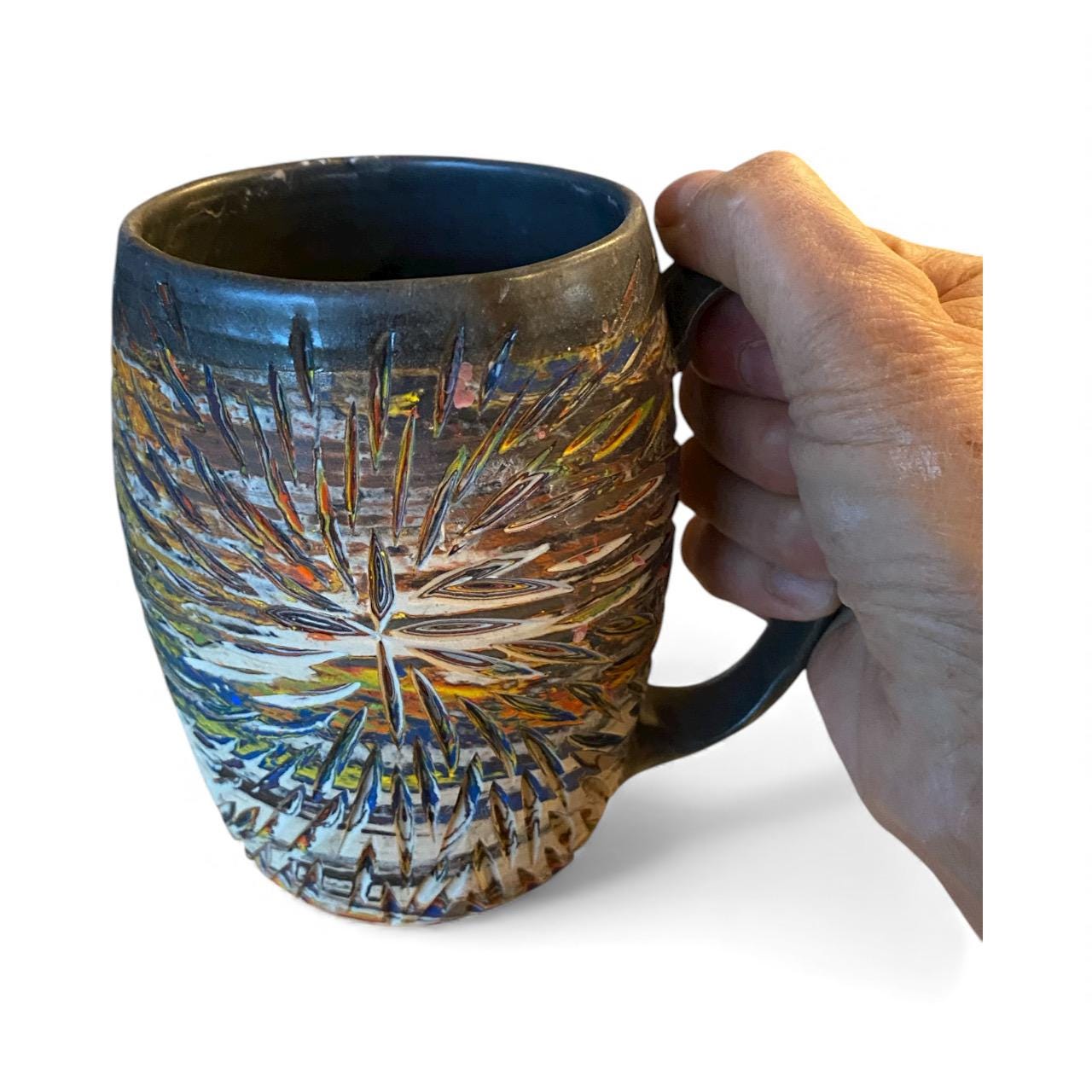 Handcrafted 16oz Turquoise Agateware Mug - Unique Carved Pottery for Coffee & Tea Lovers (C-16)