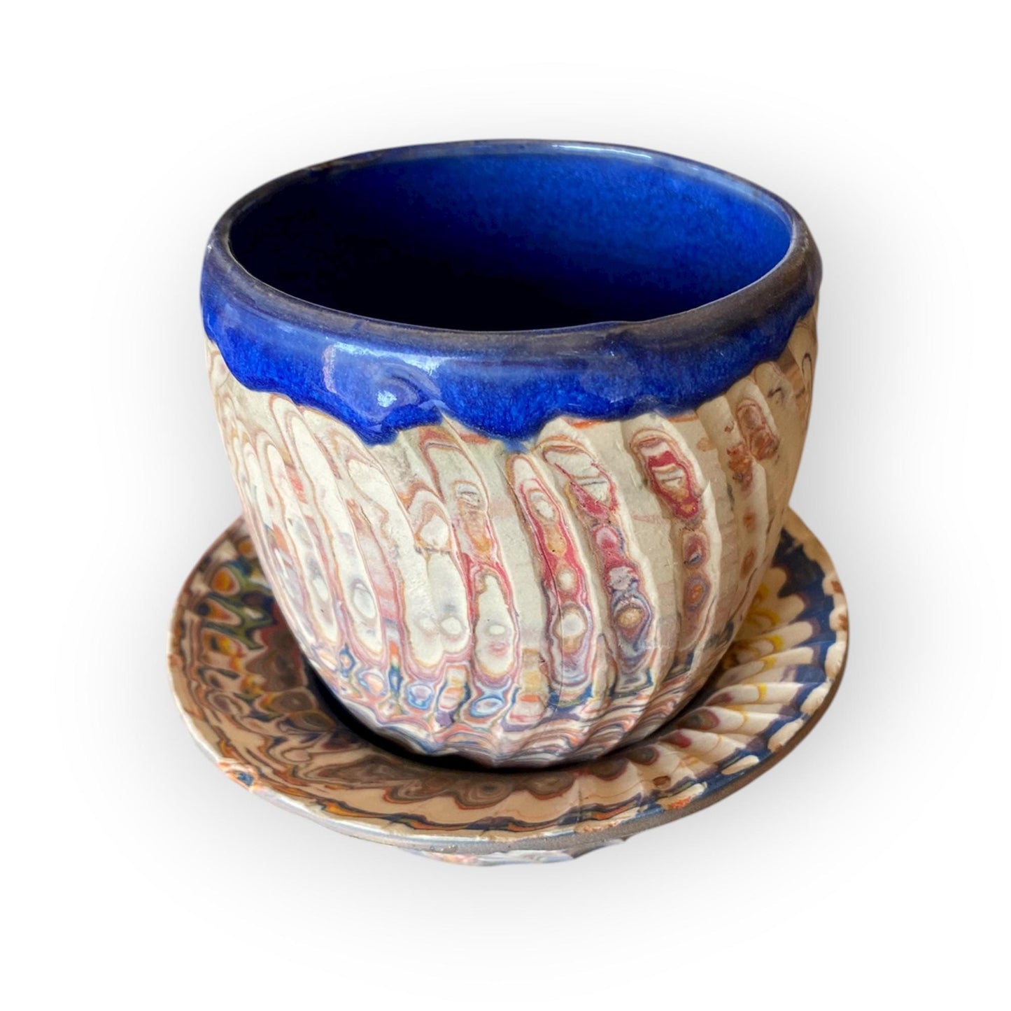 Artisanal Rainbow Agateware Tea Cup Set: Handcrafted Stoneware Pottery for Collectors & Enthusiasts (C-24)