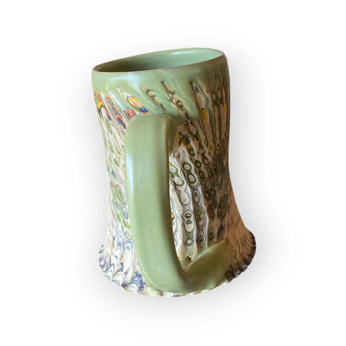 Artisanal Neriage Green and Pastel Porcelain Marbled Mug: 16 Ounce Hand-Carved Mug (C-25)