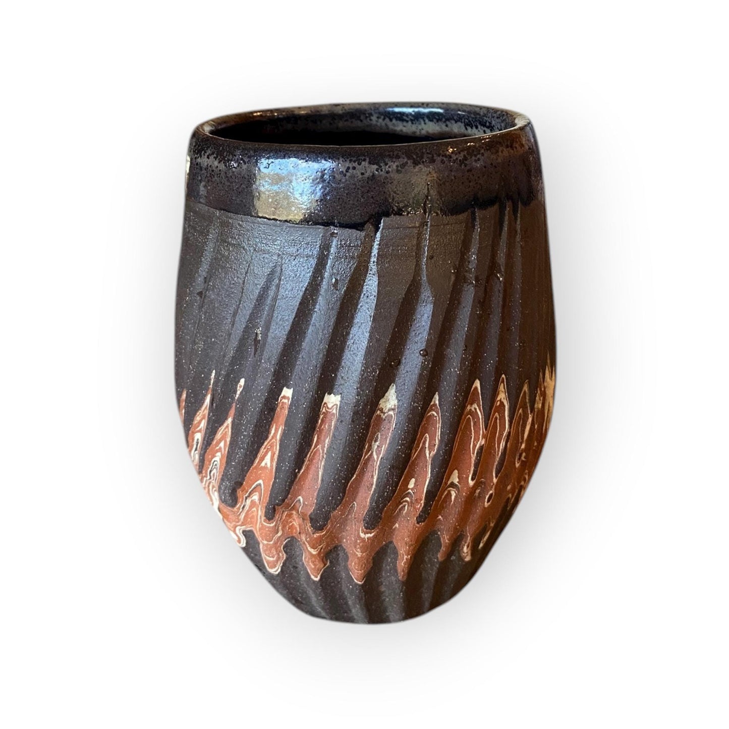 Handcrafted Stemless Agateware Wine Glass - 12oz Carved Ceramic Marbled Nerikomi Pottery Barware (B-2)