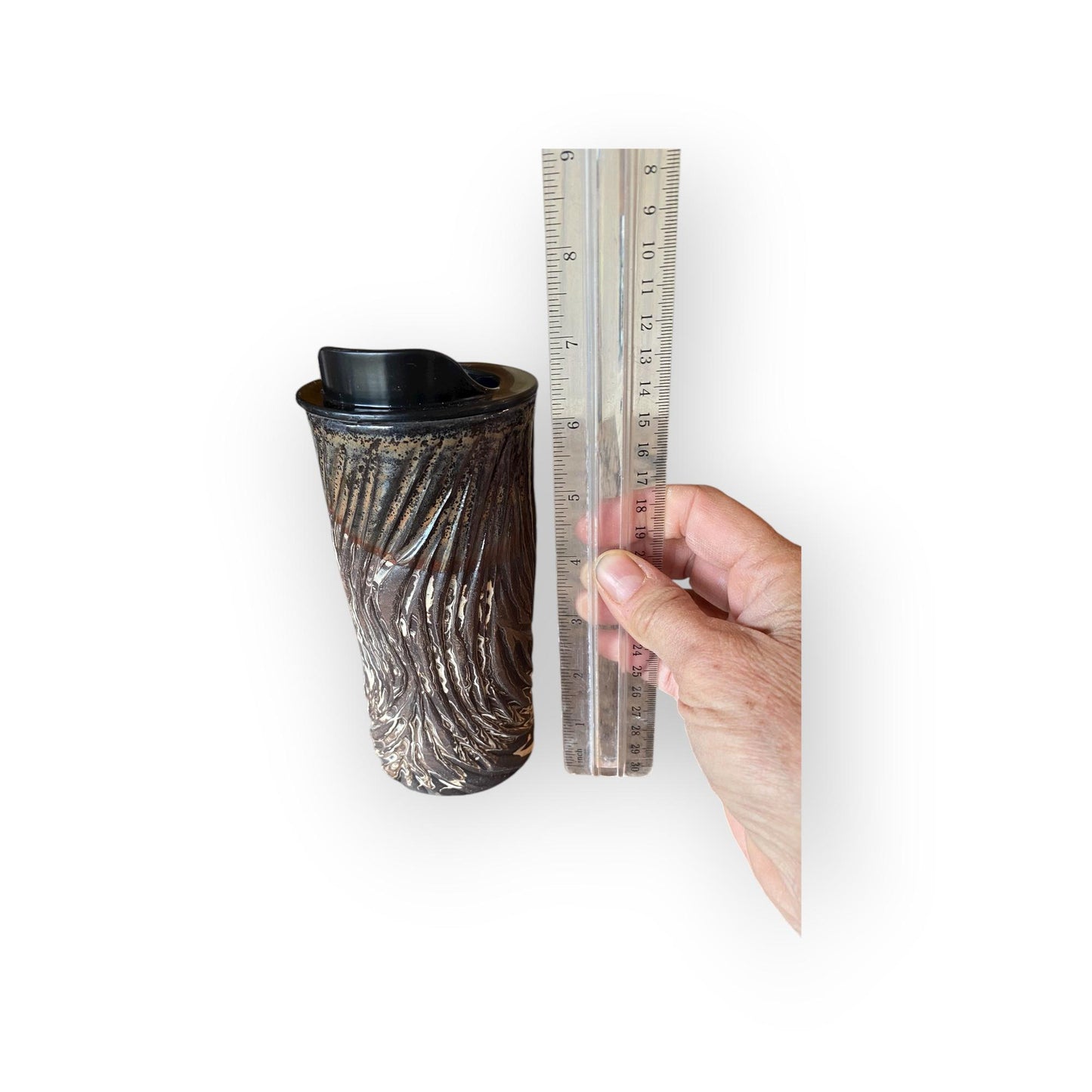 Handmade Agateware Travel Mug - Carved Pottery Coffee Cup, Hand Thrown Stoneware Commuter Tumbler (B-17)