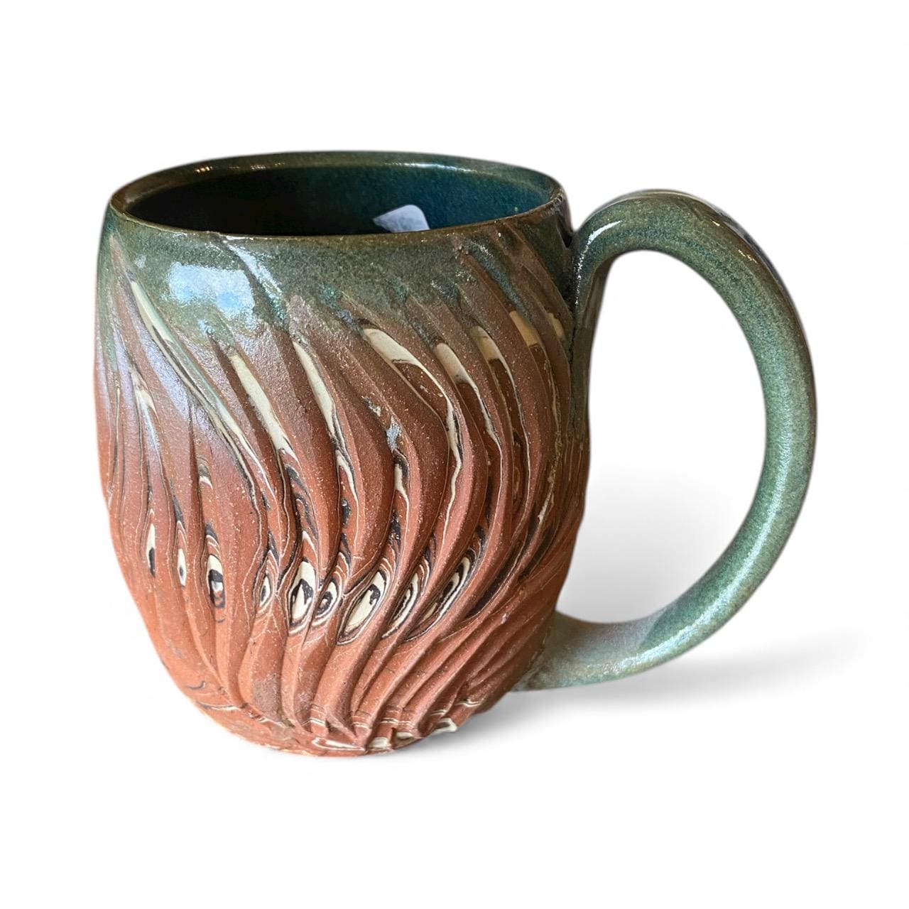Handmade 16 oz - Agateware Carved Stoneware Coffee Mug: Cinnamon Glaze